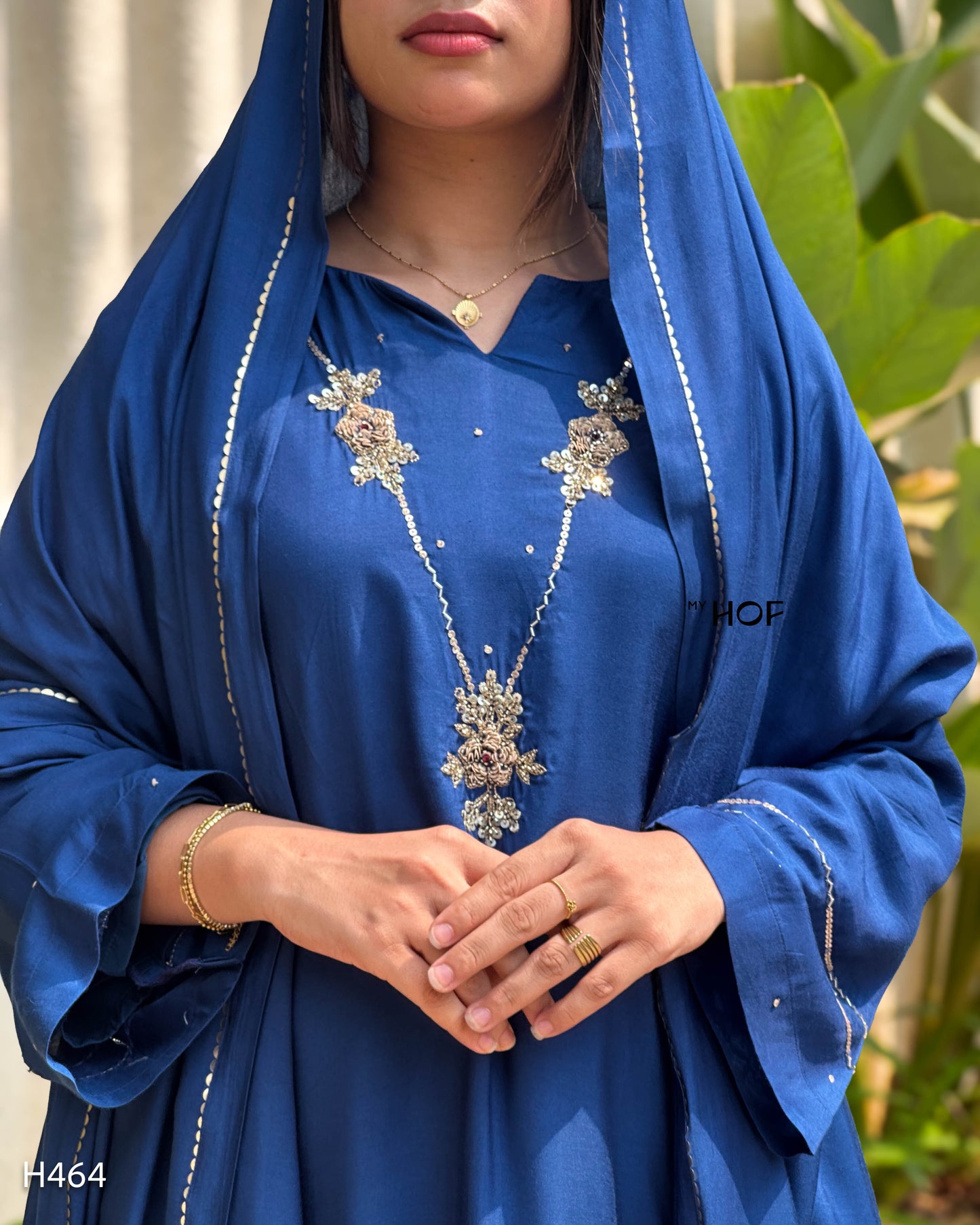 MY HOF Navy Blue Suit Set With Floral Hand Embroidery in Muslin