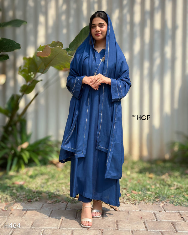 MY HOF Navy Blue Suit Set With Floral Hand Embroidery in Muslin