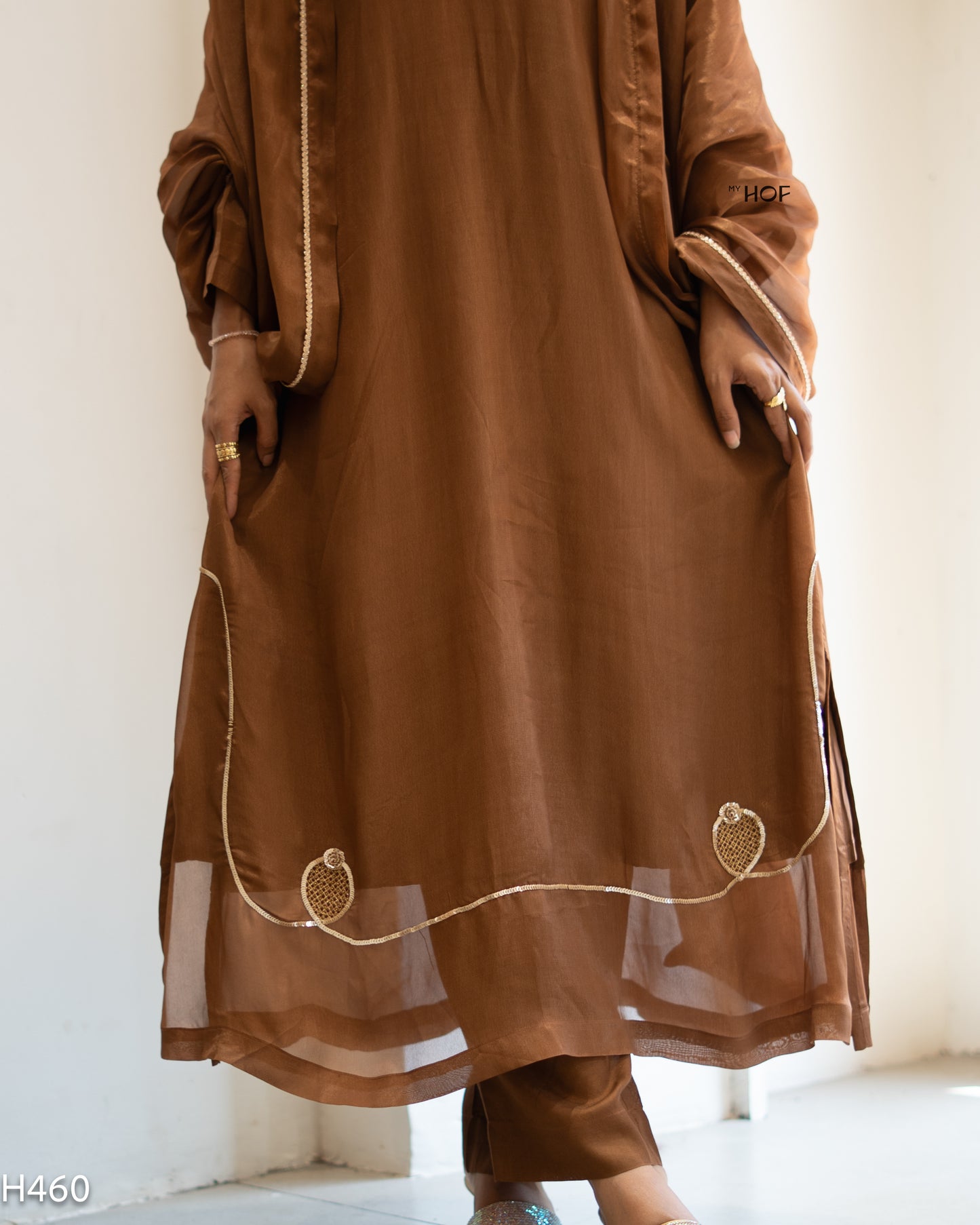 MY HOF Choco Brown Suit Set With Hand Embroidery In Crepe