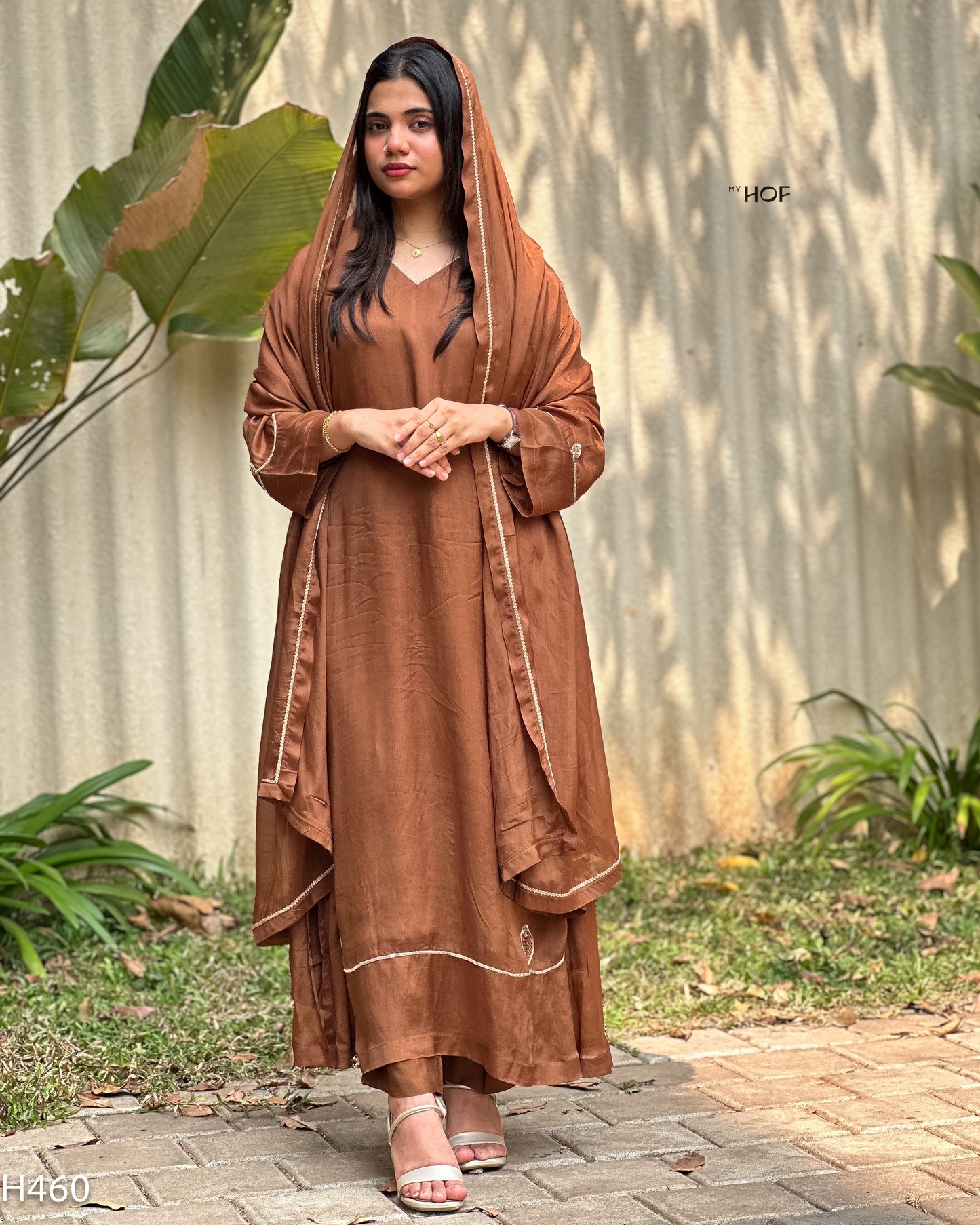 MY HOF Choco Brown Suit Set With Hand Embroidery In Crepe