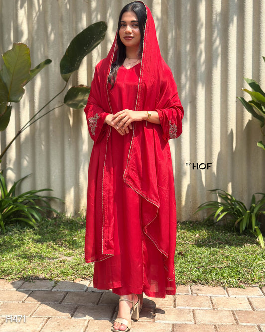 MY HOF Red Suit Set With Floral Hand Embroidery In Crepe