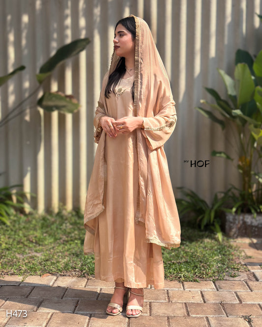 MY HOF Beige Suit Set With Floral Hand Embroidery In Crepe