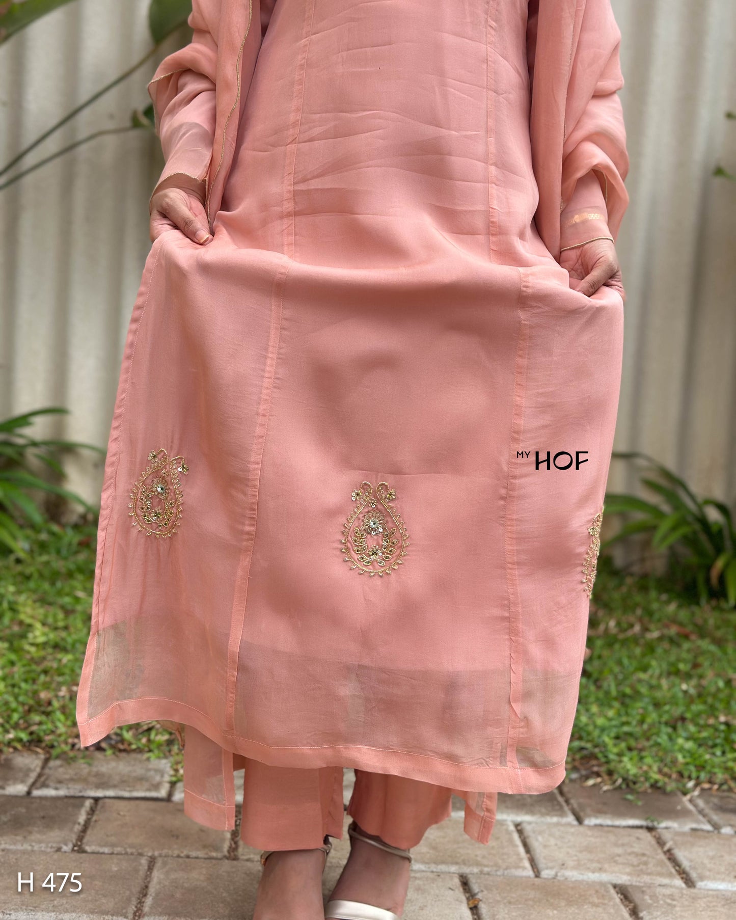 MY HOF Peach Suit Set With Hand Embroidery In Soft Organza