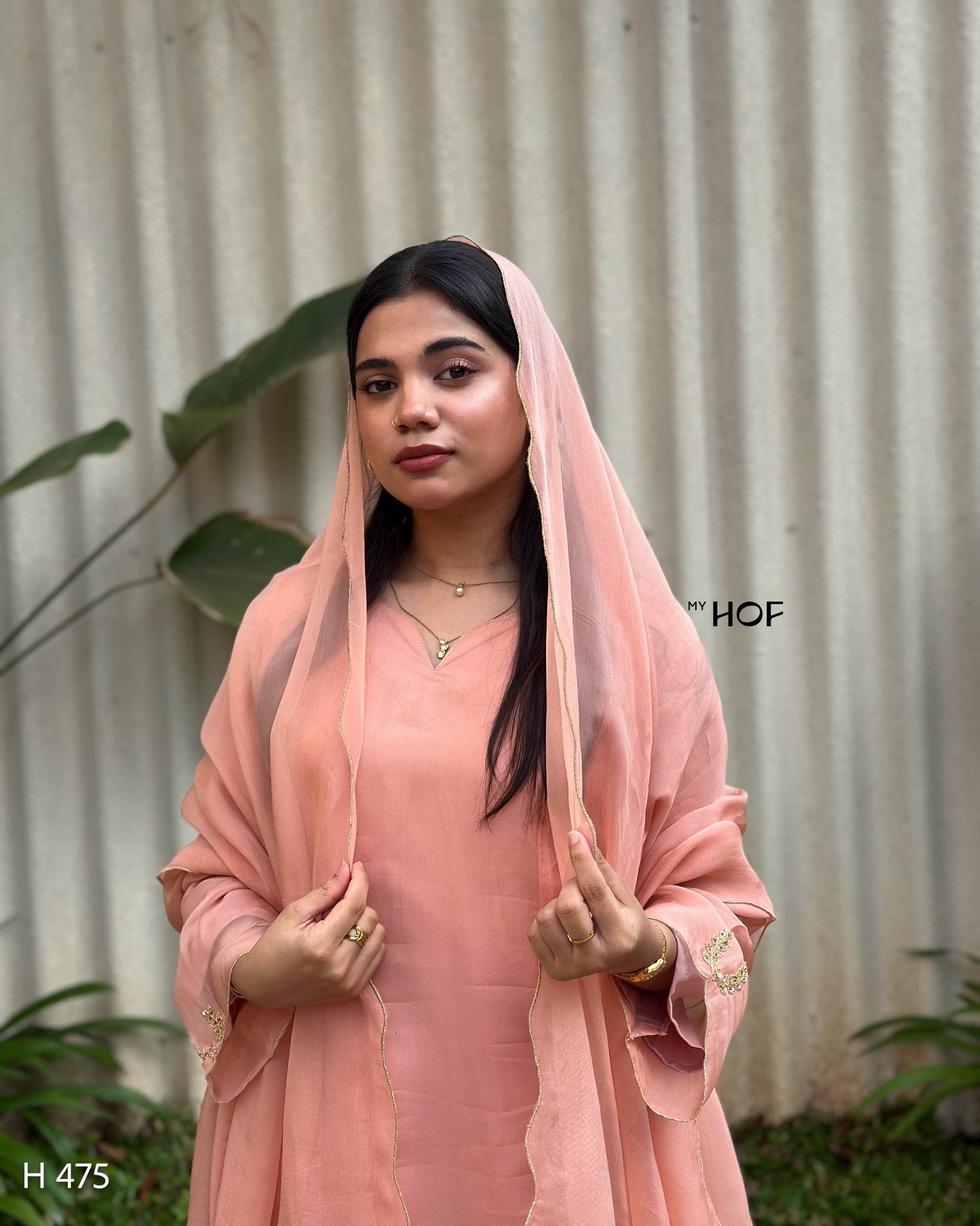 MY HOF Peach Suit Set With Hand Embroidery In Soft Organza