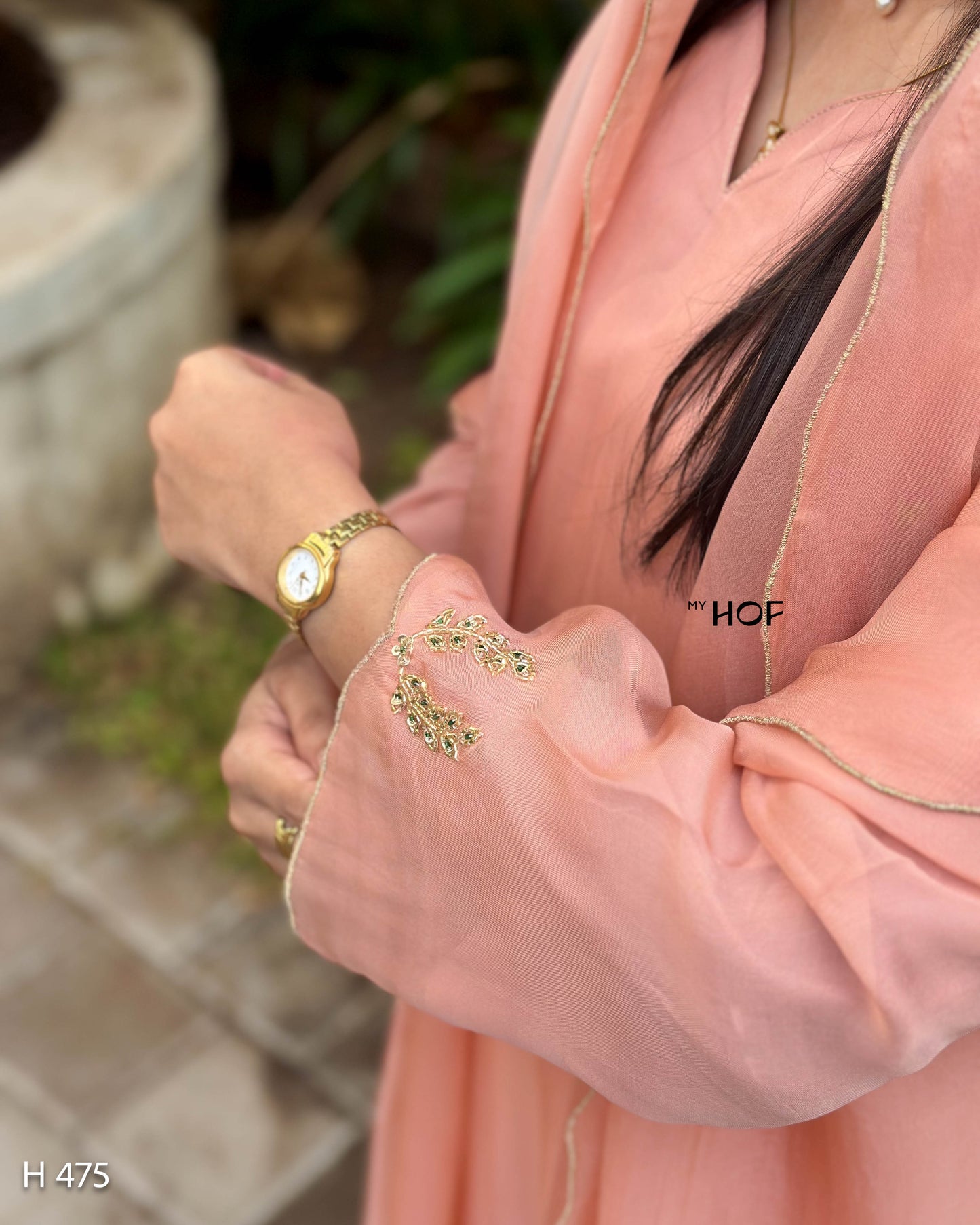 MY HOF Peach Suit Set With Hand Embroidery In Soft Organza