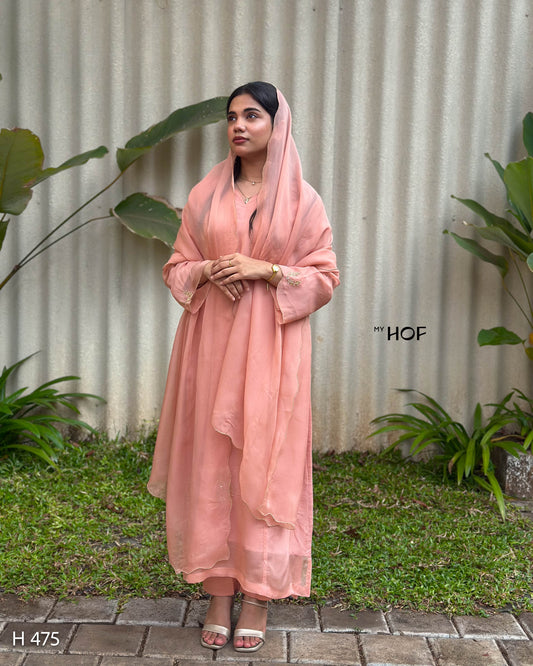 MY HOF Peach Suit Set With Hand Embroidery In Organza