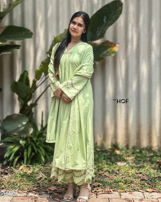MY HOF Lime Green Suit Set With Floral Embroidery In Cotton