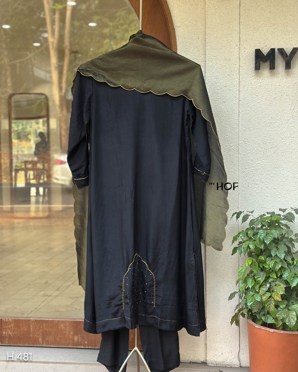 MY HOF Black Suit Set With Black Hand Embroidery In Crepe