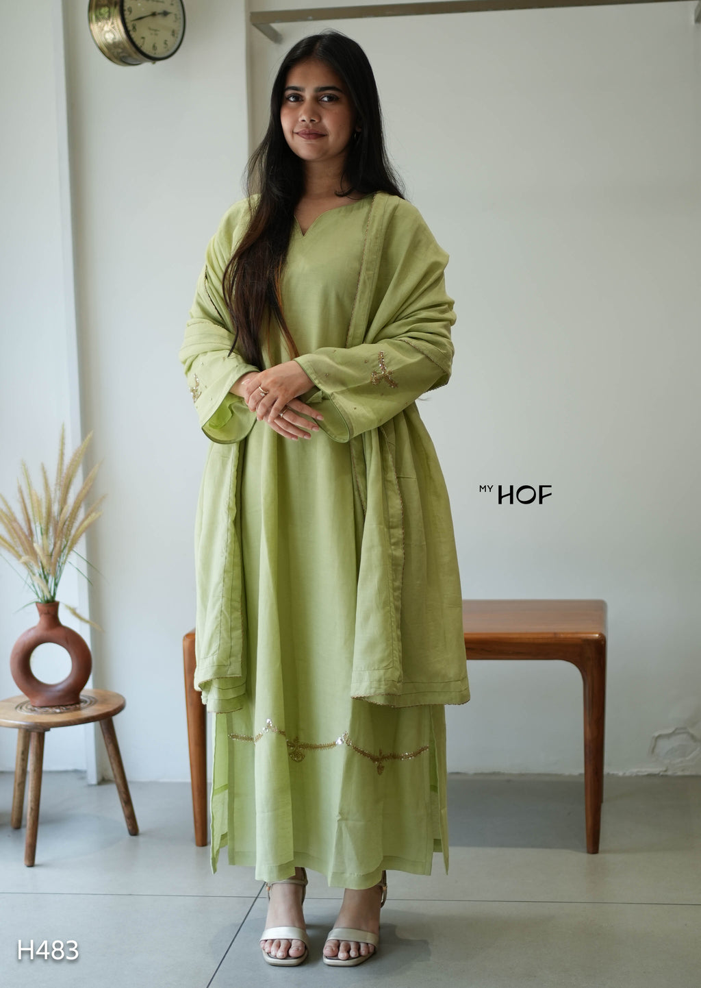 MY HOF Lime Green Suit Set With Floral Hand Embroidery In Linen