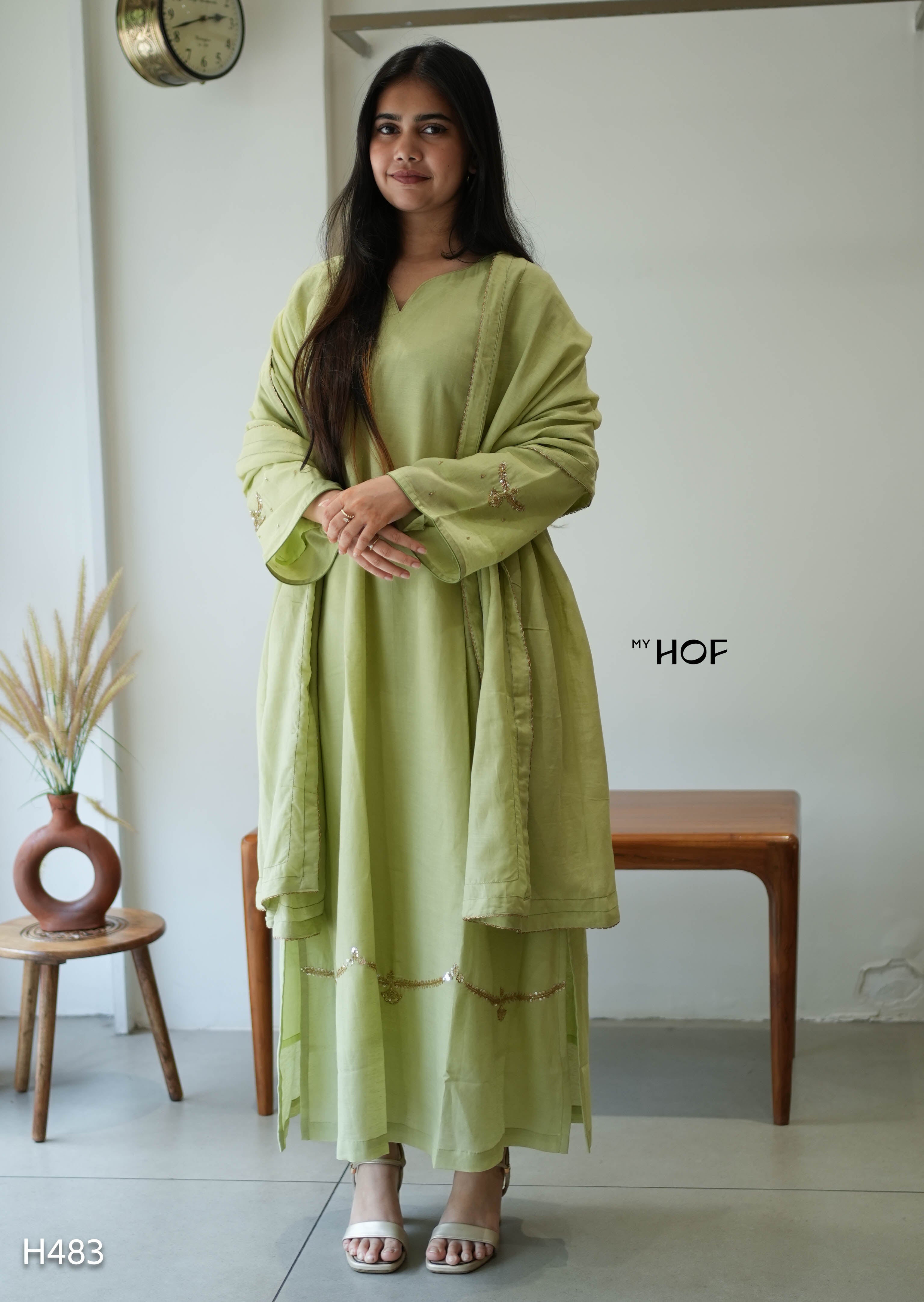 MY HOF Lime Green Suit Set With Floral Hand Embroidery In Linen
