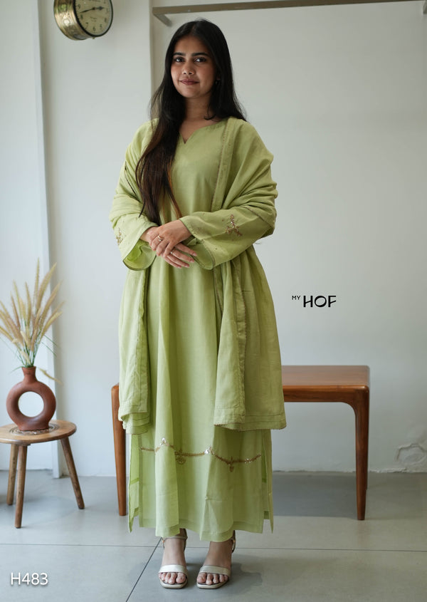 MY HOF Lime Green Suit Set With Floral Hand Embroidery In Linen