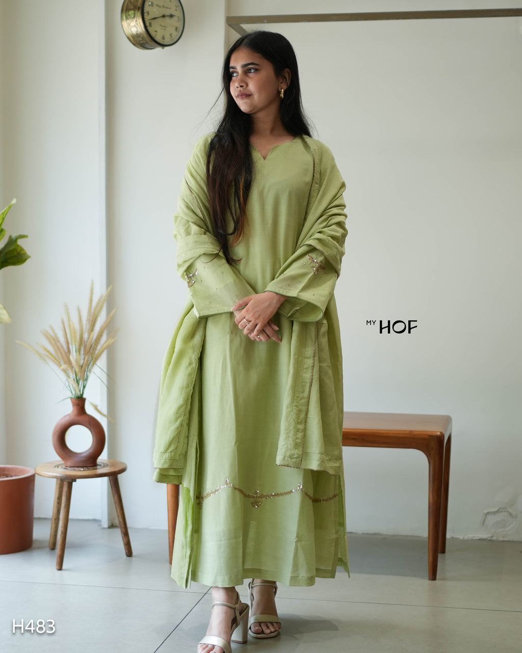 MY HOF Lime Green Suit Set With Floral Hand Embroidery In Linen