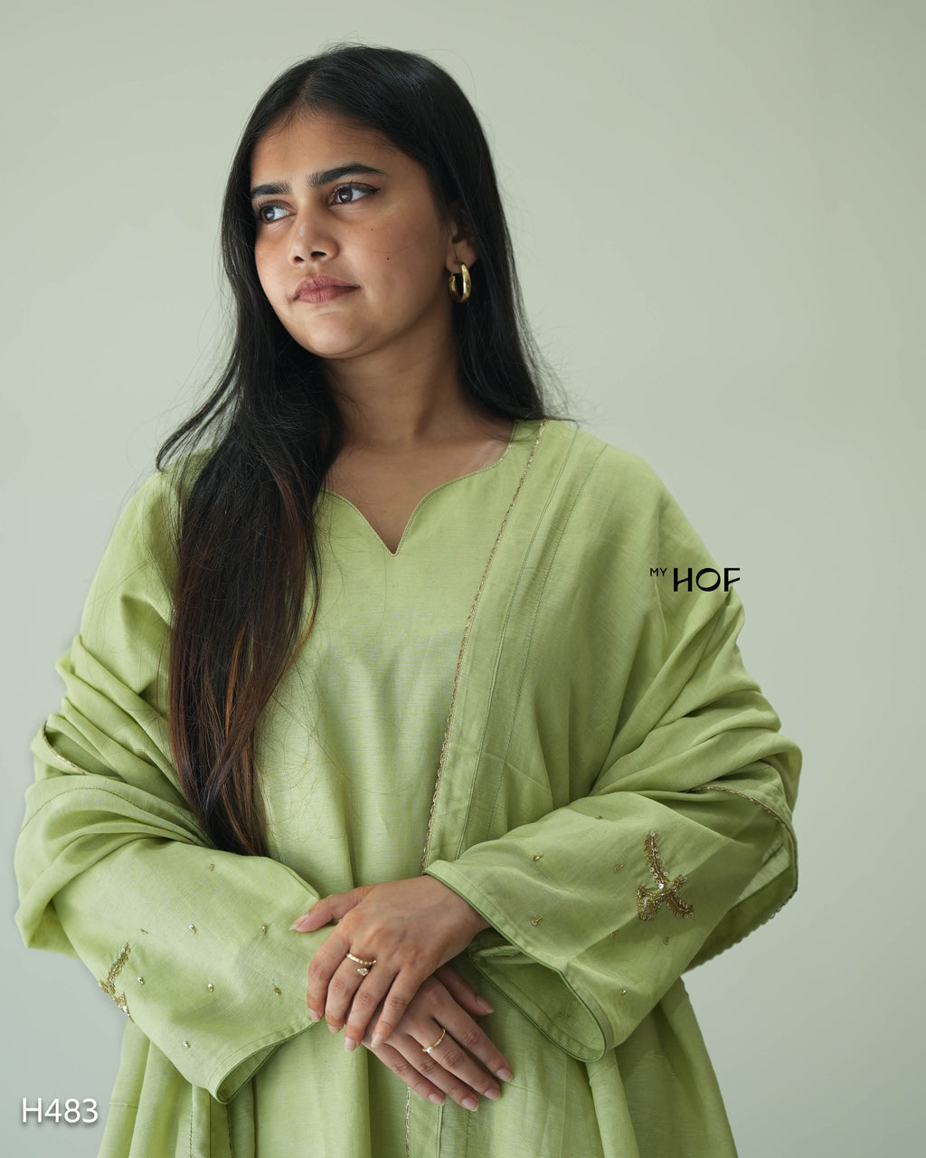 MY HOF Lime Green Suit Set With Floral Hand Embroidery In Linen