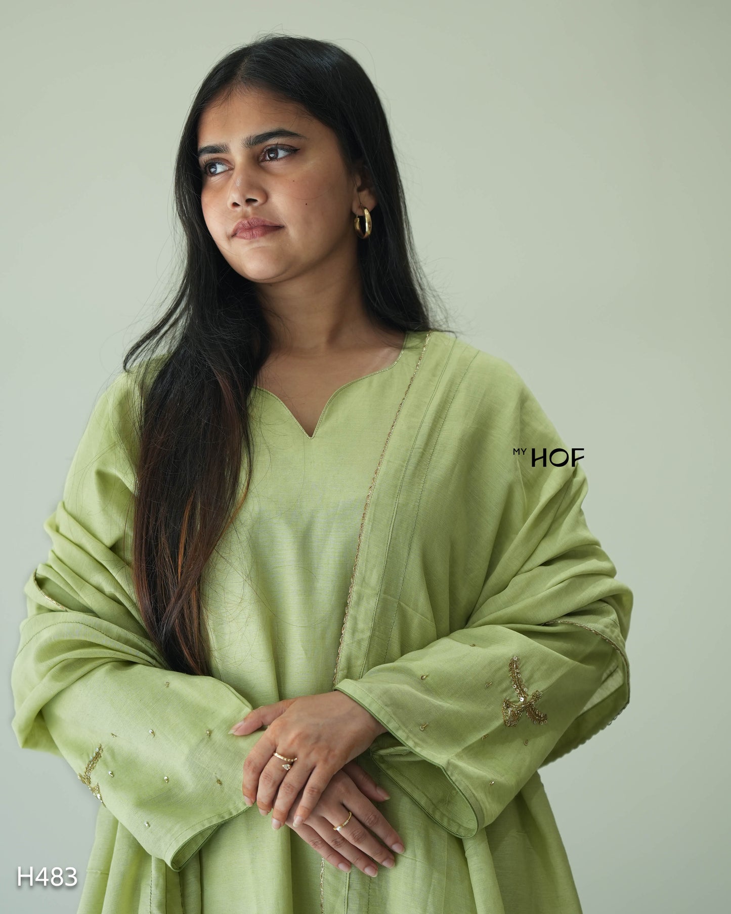 MY HOF Lime Green Suit Set With Floral Hand Embroidery In Linen