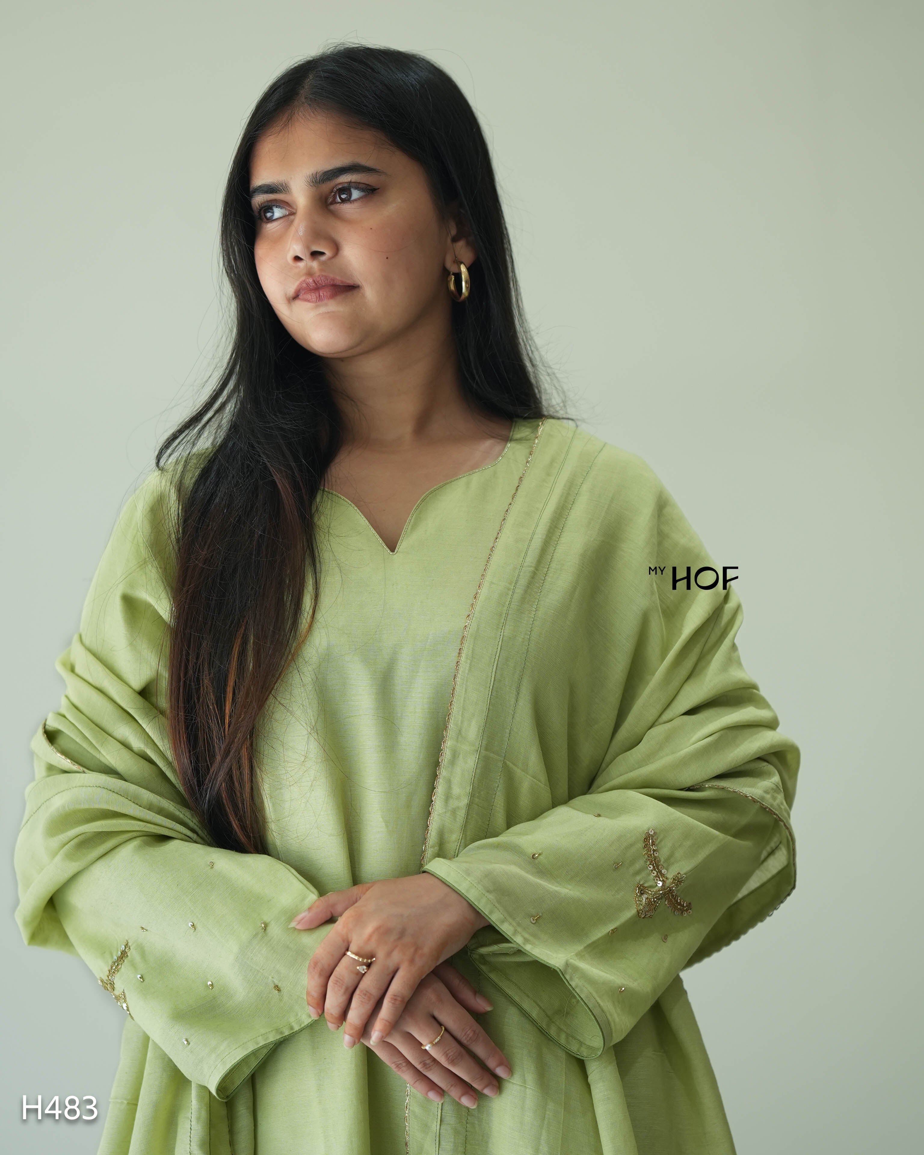 MY HOF Lime Green Suit Set With Floral Hand Embroidery In Linen