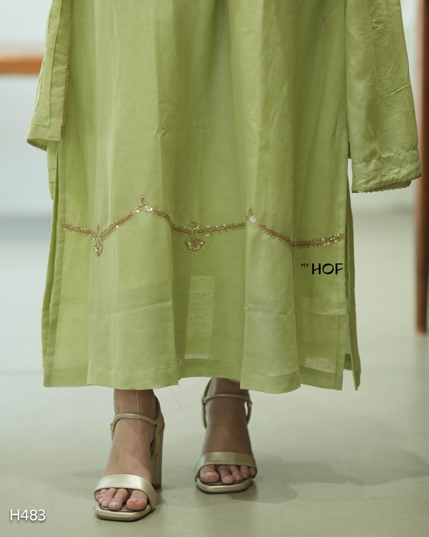 MY HOF Lime Green Suit Set With Floral Hand Embroidery In Linen