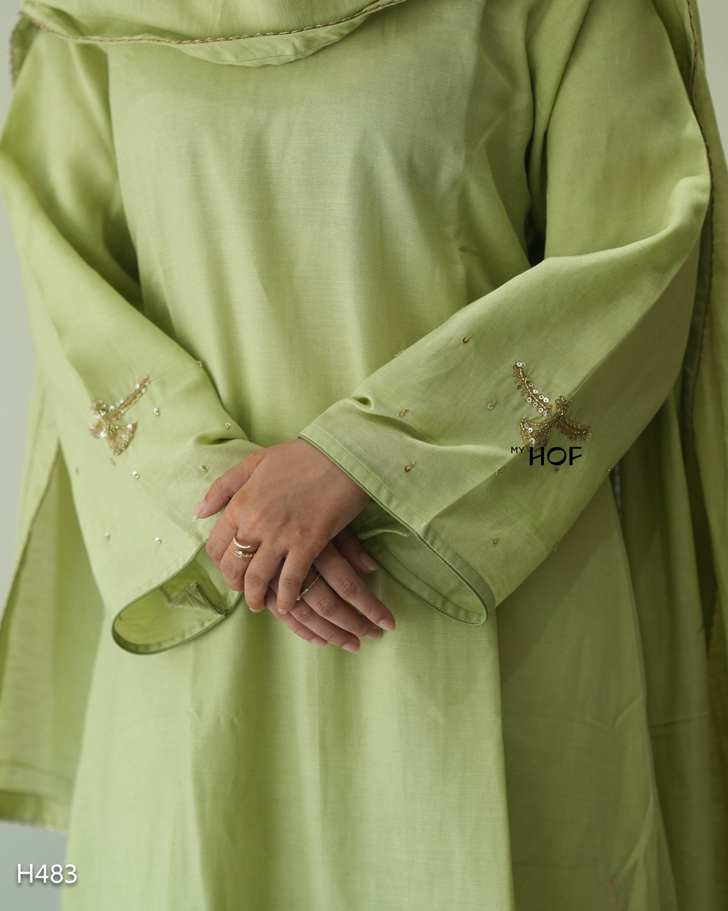 MY HOF Lime Green Suit Set With Floral Hand Embroidery In Linen