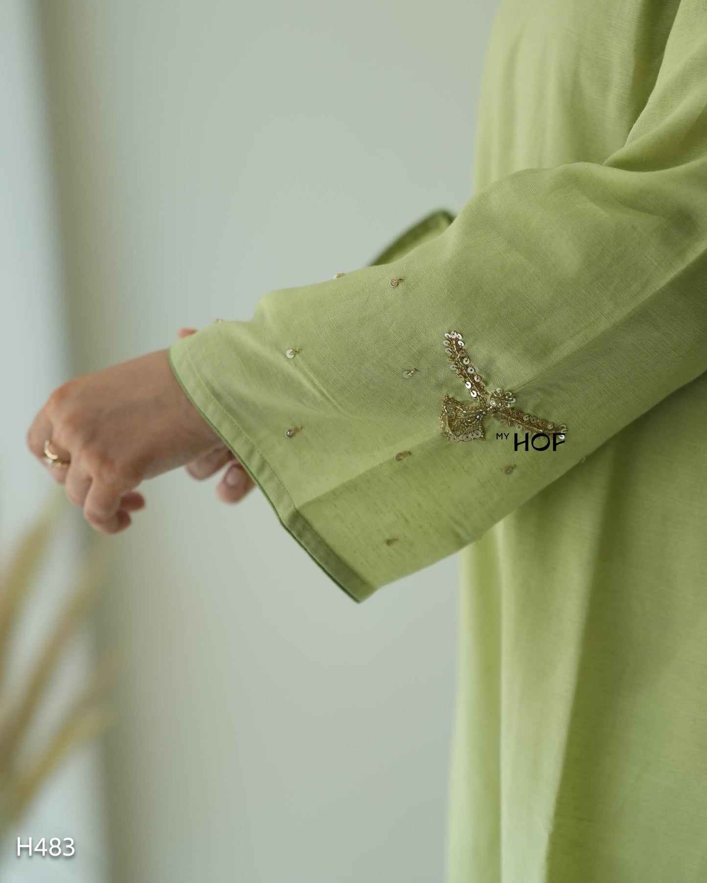 MY HOF Lime Green Suit Set With Floral Hand Embroidery In Linen
