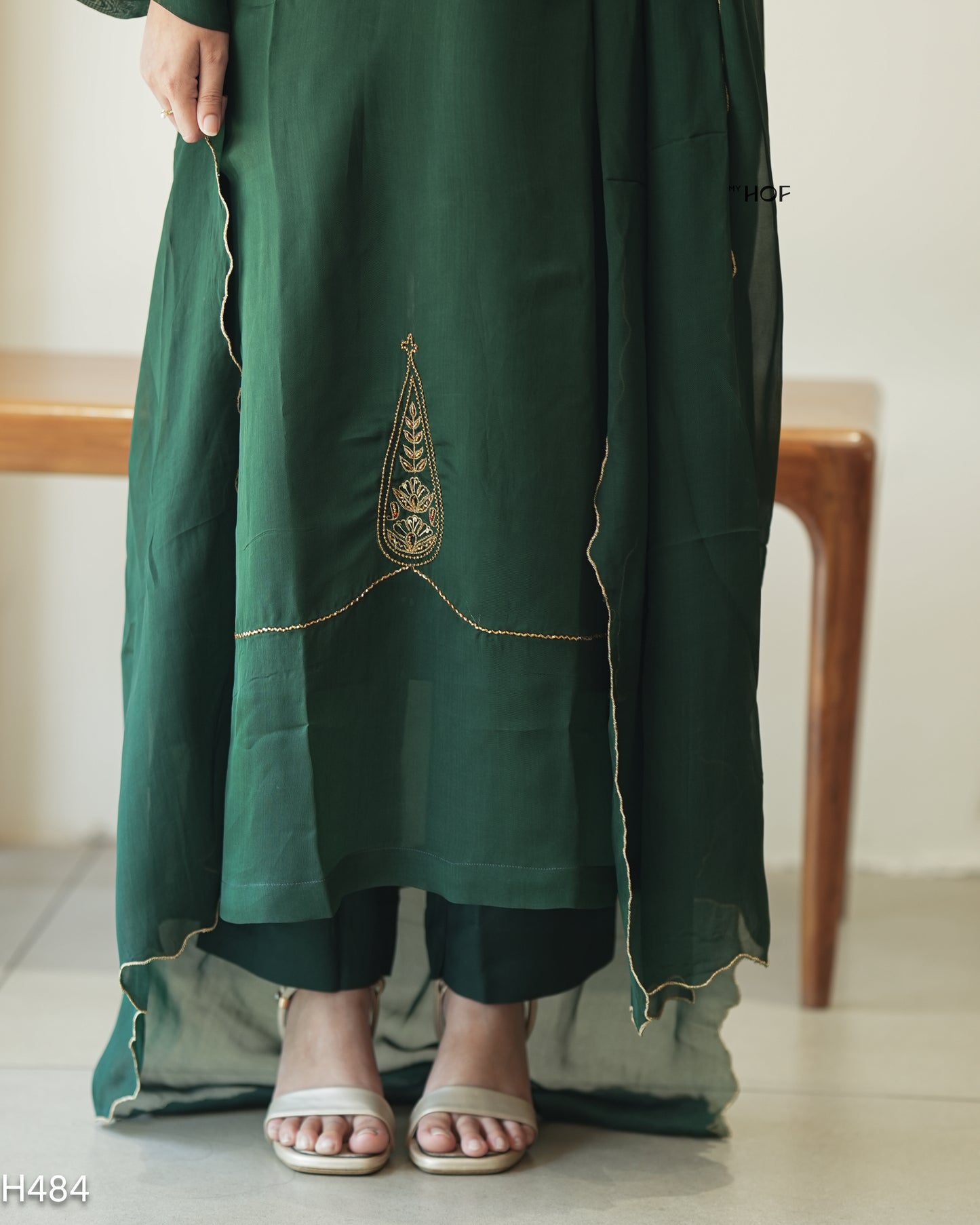 MY HOF Dark Green Suit Set With Hand Embroidery In Crepe