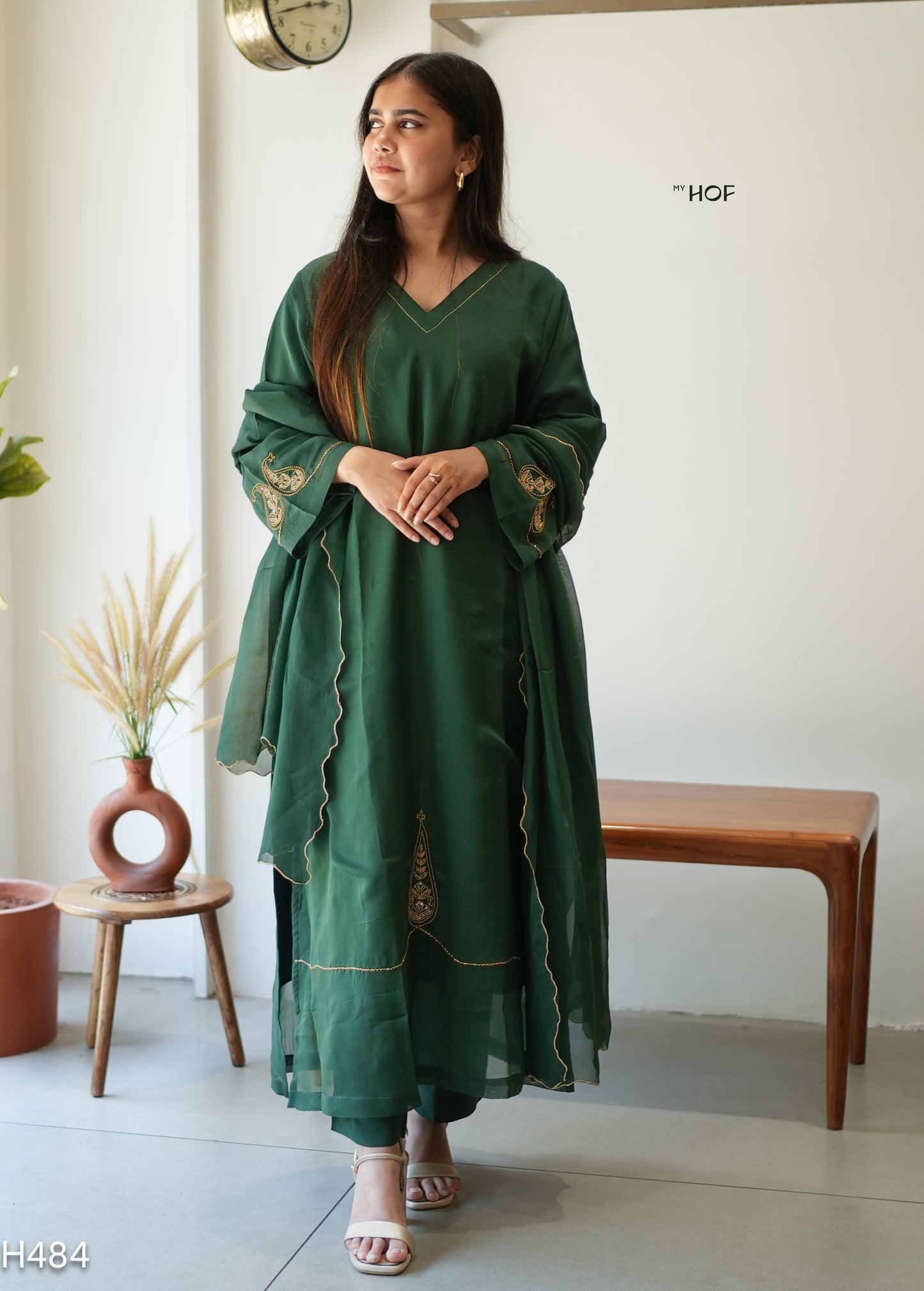 MY HOF Dark Green Suit Set With Hand Embroidery In Crepe