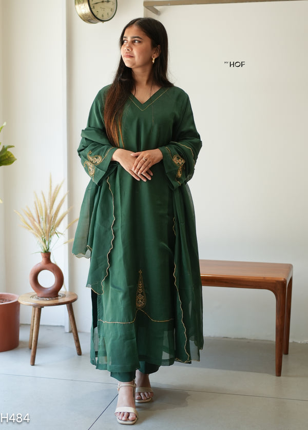 MY HOF Dark Green Suit Set With Hand Embroidery In Crepe