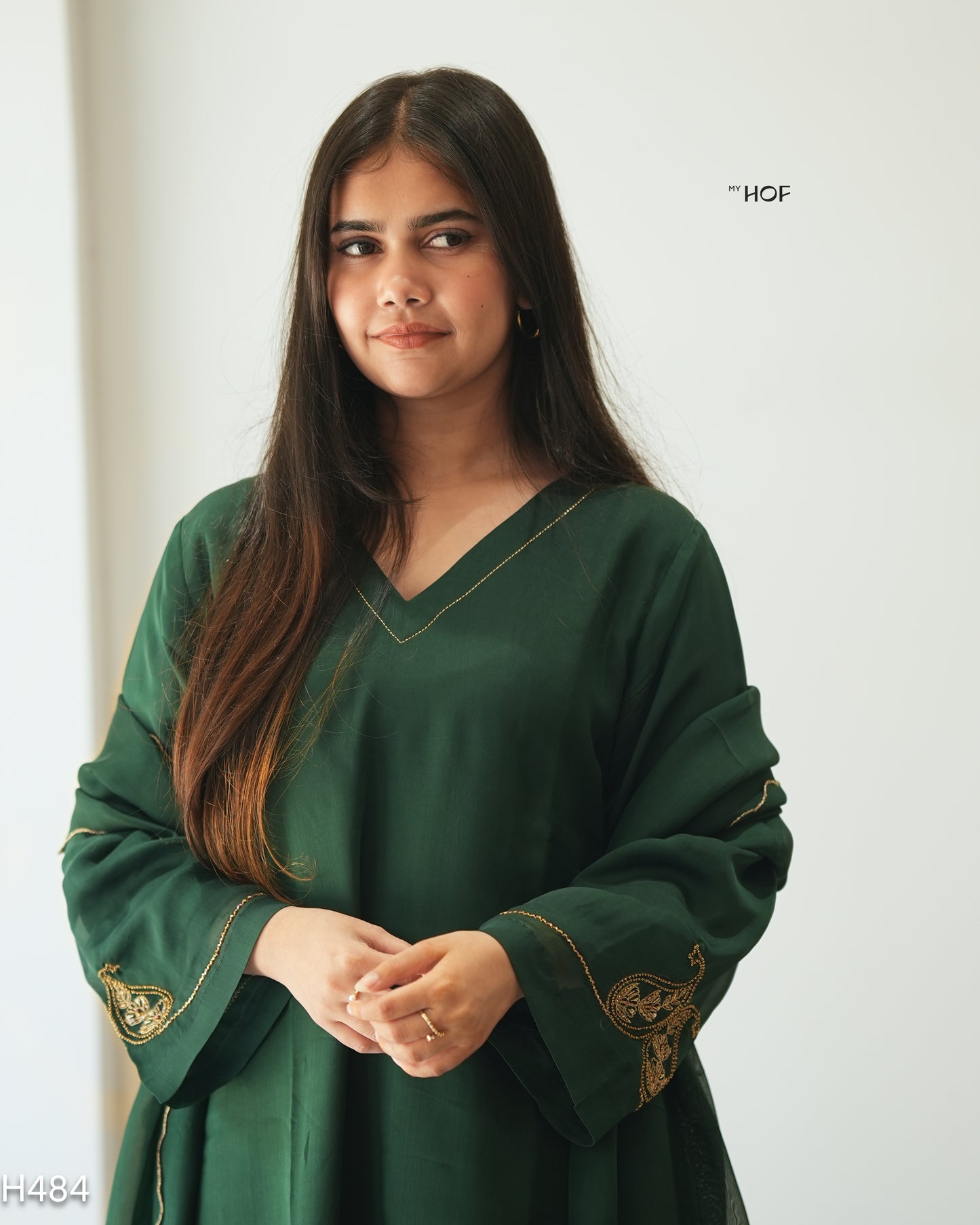 MY HOF Dark Green Suit Set With Hand Embroidery In Crepe