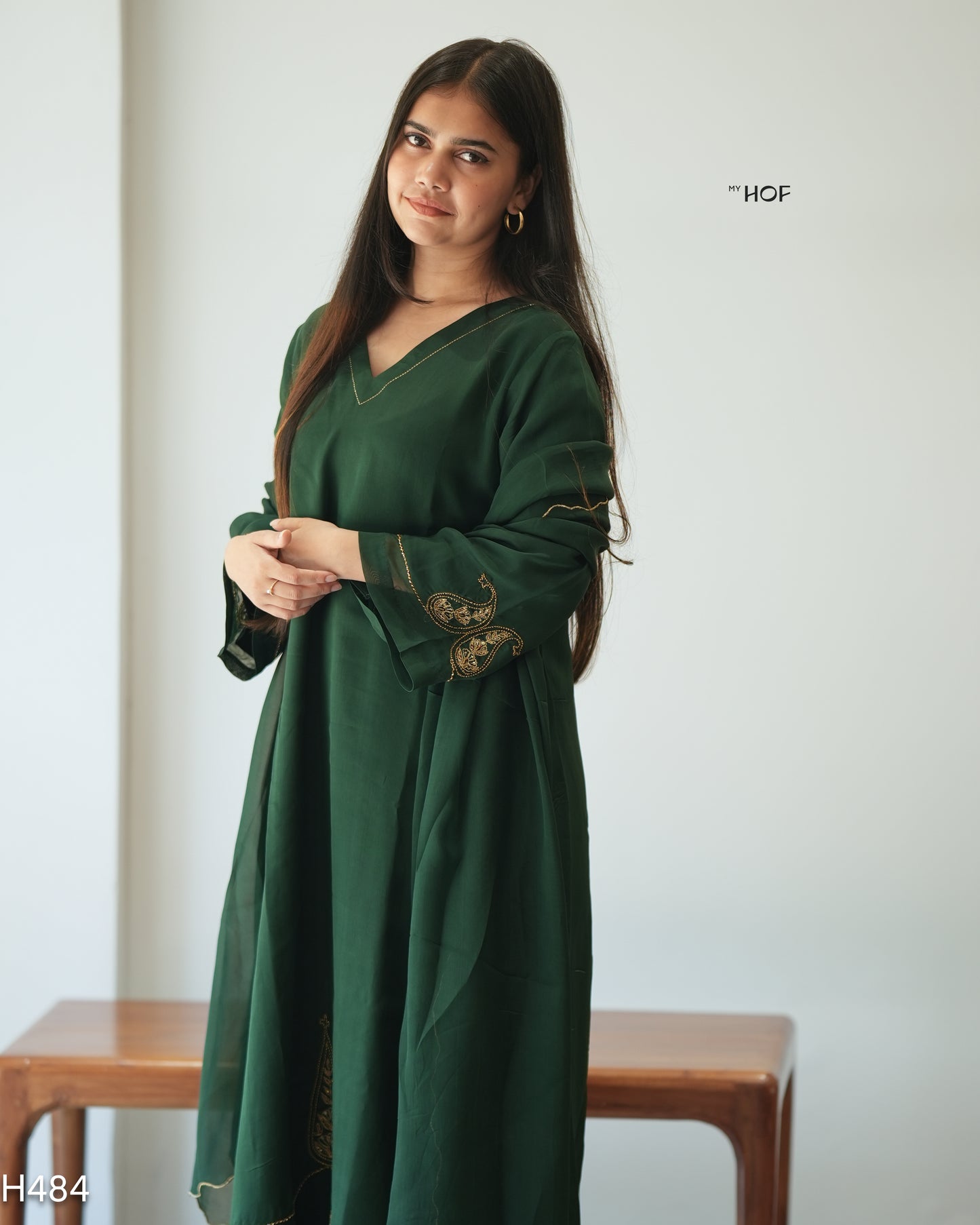 MY HOF Dark Green Suit Set With Hand Embroidery In Crepe