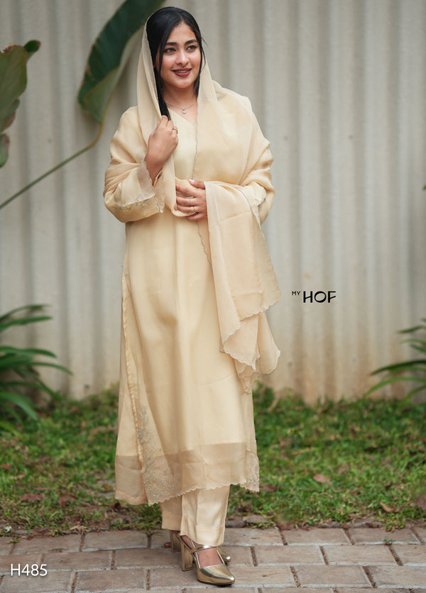 MY HOF Beige Suit Set With Floral Embroidery In Organza