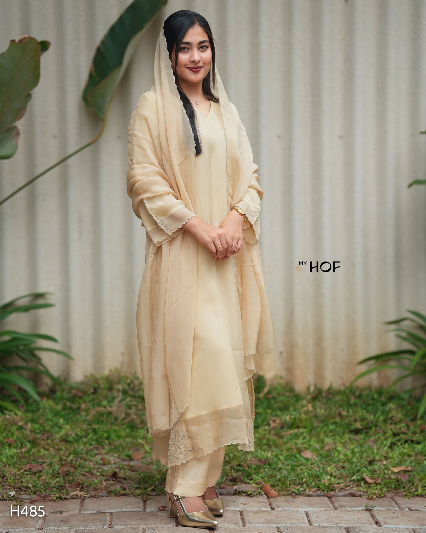 MY HOF Beige Suit Set With Floral Embroidery In Organza