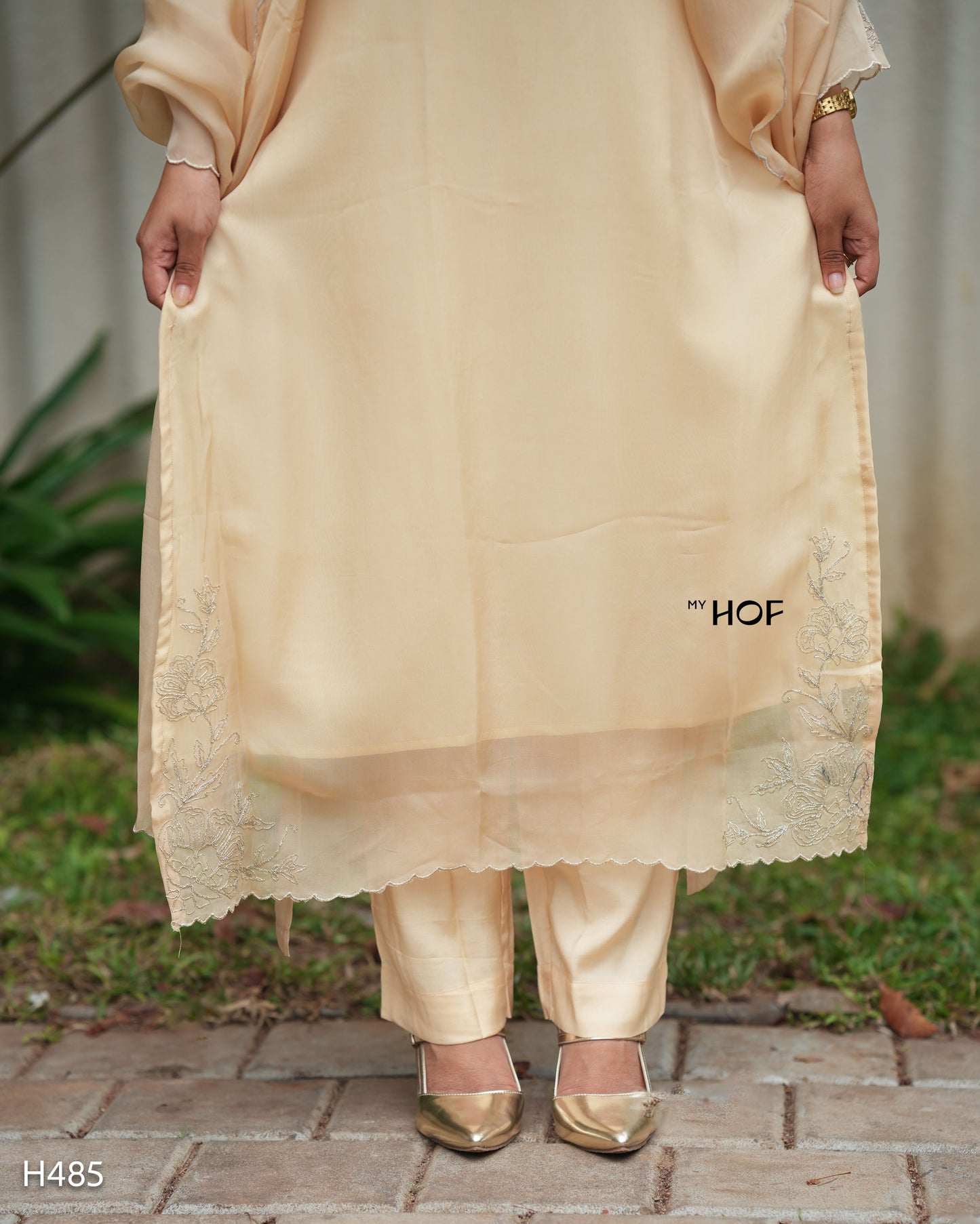 MY HOF Beige Suit Set With Floral Embroidery In Organza