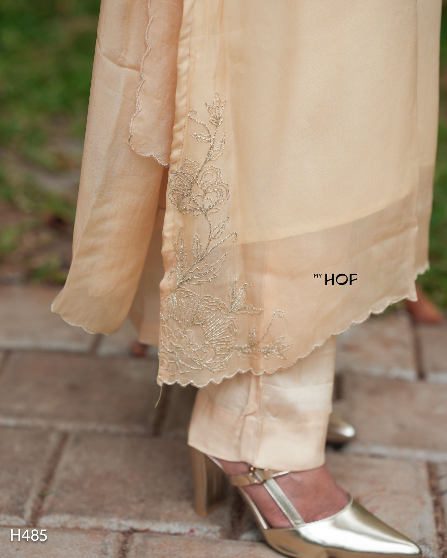 MY HOF Beige Suit Set With Floral Embroidery In Organza