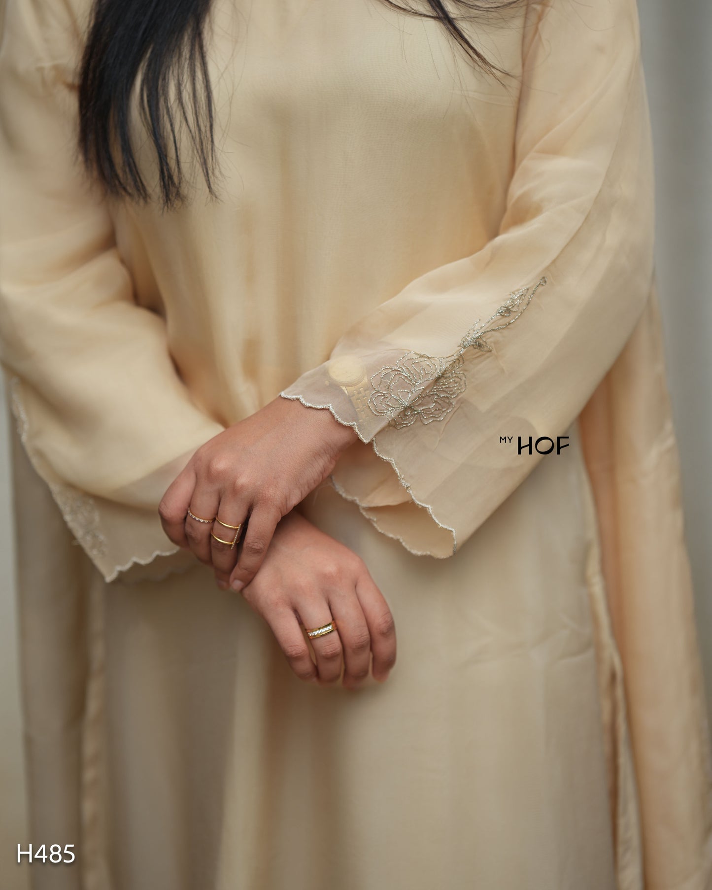 MY HOF Beige Suit Set With Floral Embroidery In Organza