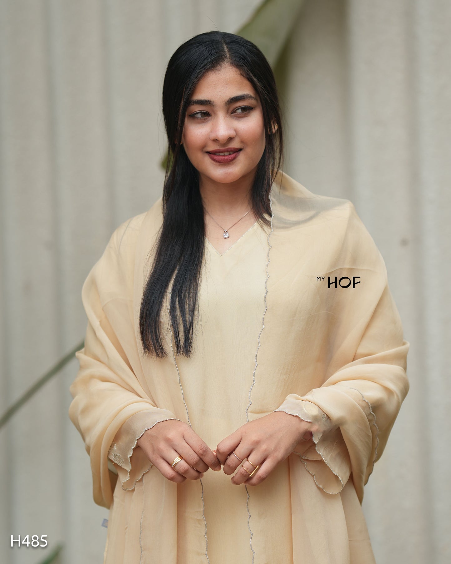 MY HOF Beige Suit Set With Floral Embroidery In Organza