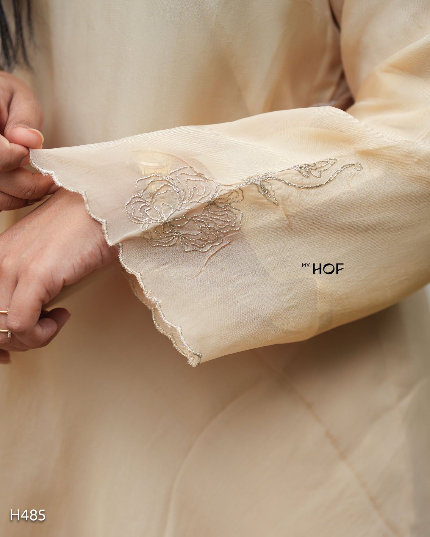 MY HOF Beige Suit Set With Floral Embroidery In Organza