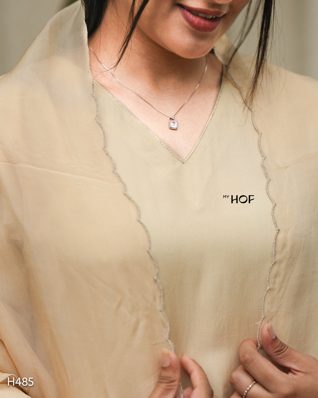 MY HOF Beige Suit Set With Floral Embroidery In Organza