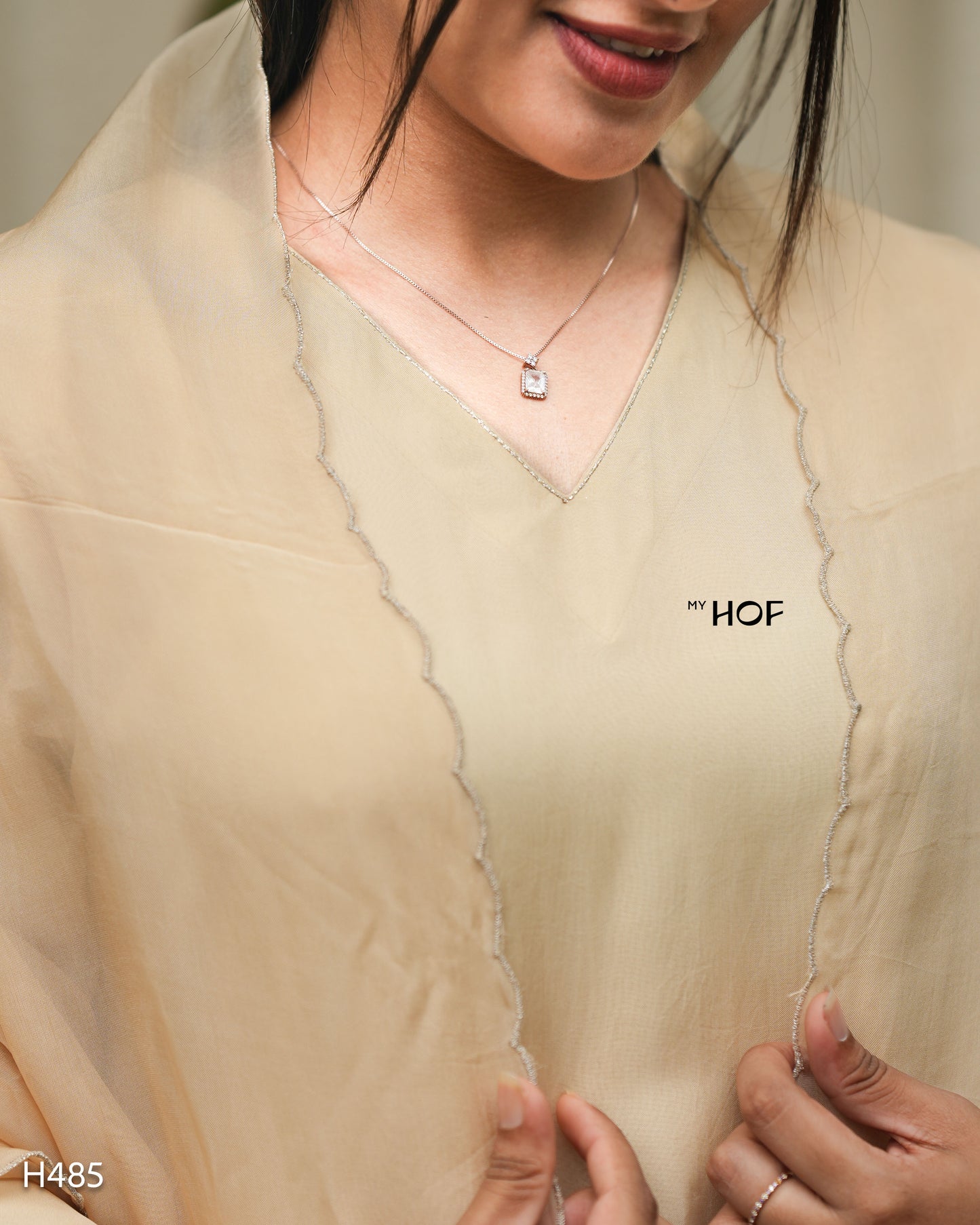 MY HOF Beige Suit Set With Floral Embroidery In Organza