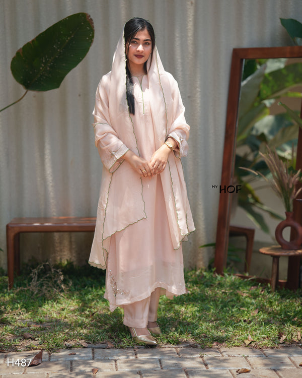 MY HOF Pale Pink Suit Set With Hand Embroidery In Organza