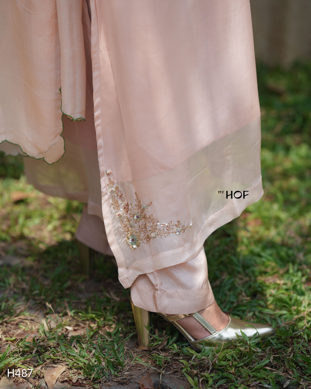 MY HOF Pale Pink Suit Set With Hand Embroidery In Organza