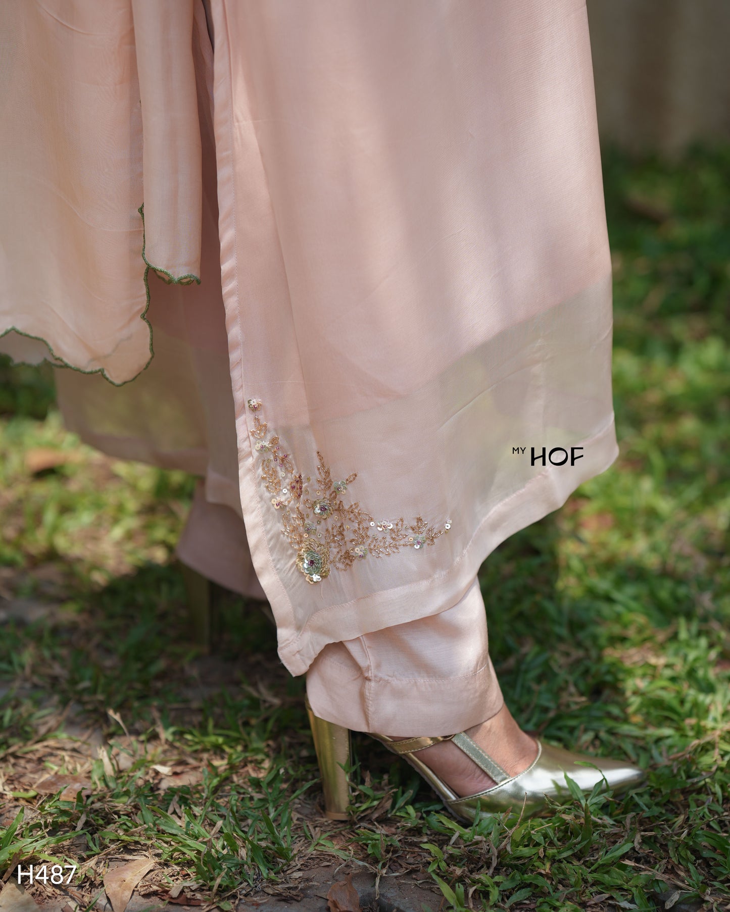 MY HOF Pale Pink Suit Set With Hand Embroidery In Organza