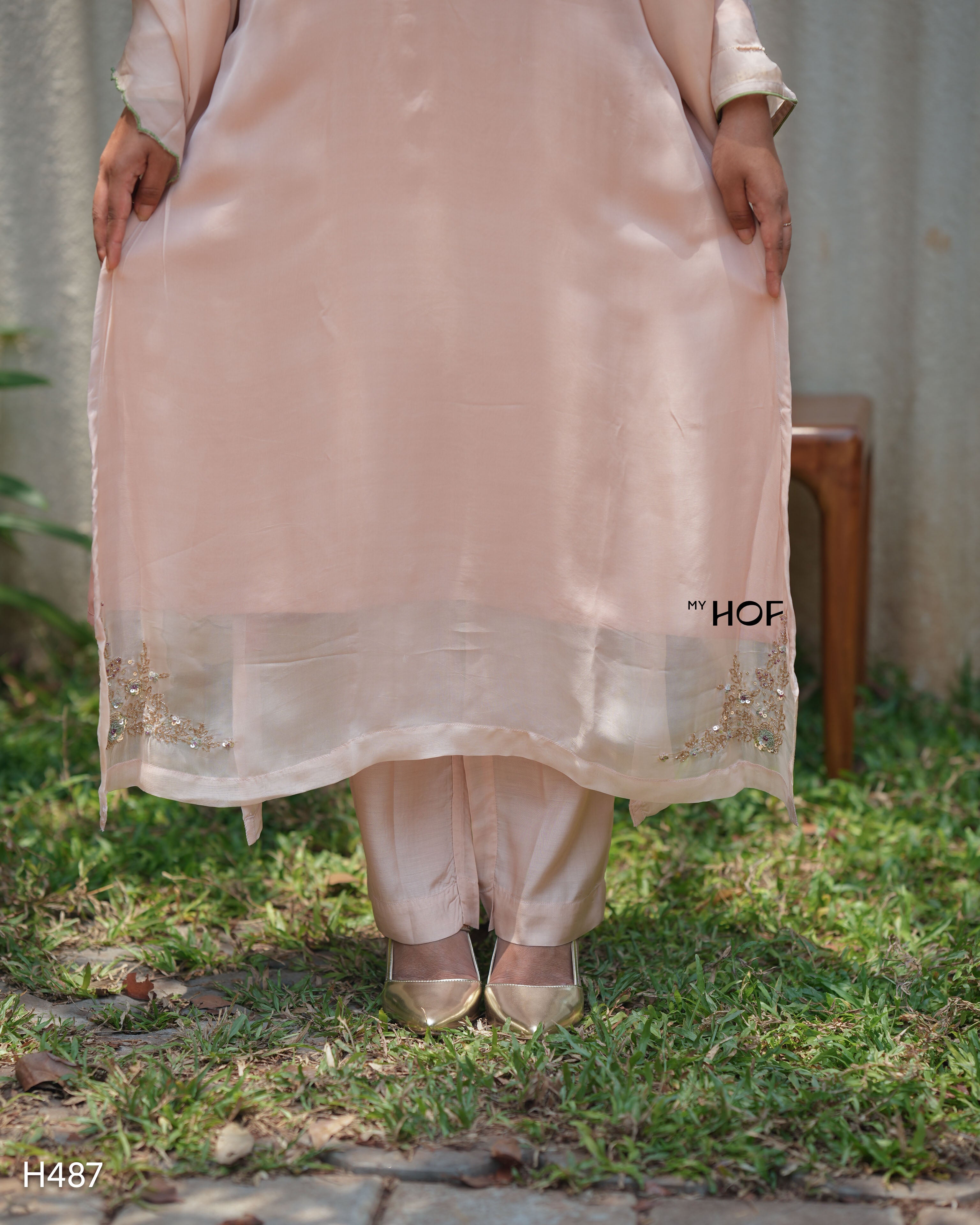 MY HOF Pale Pink Suit Set With Hand Embroidery In Organza