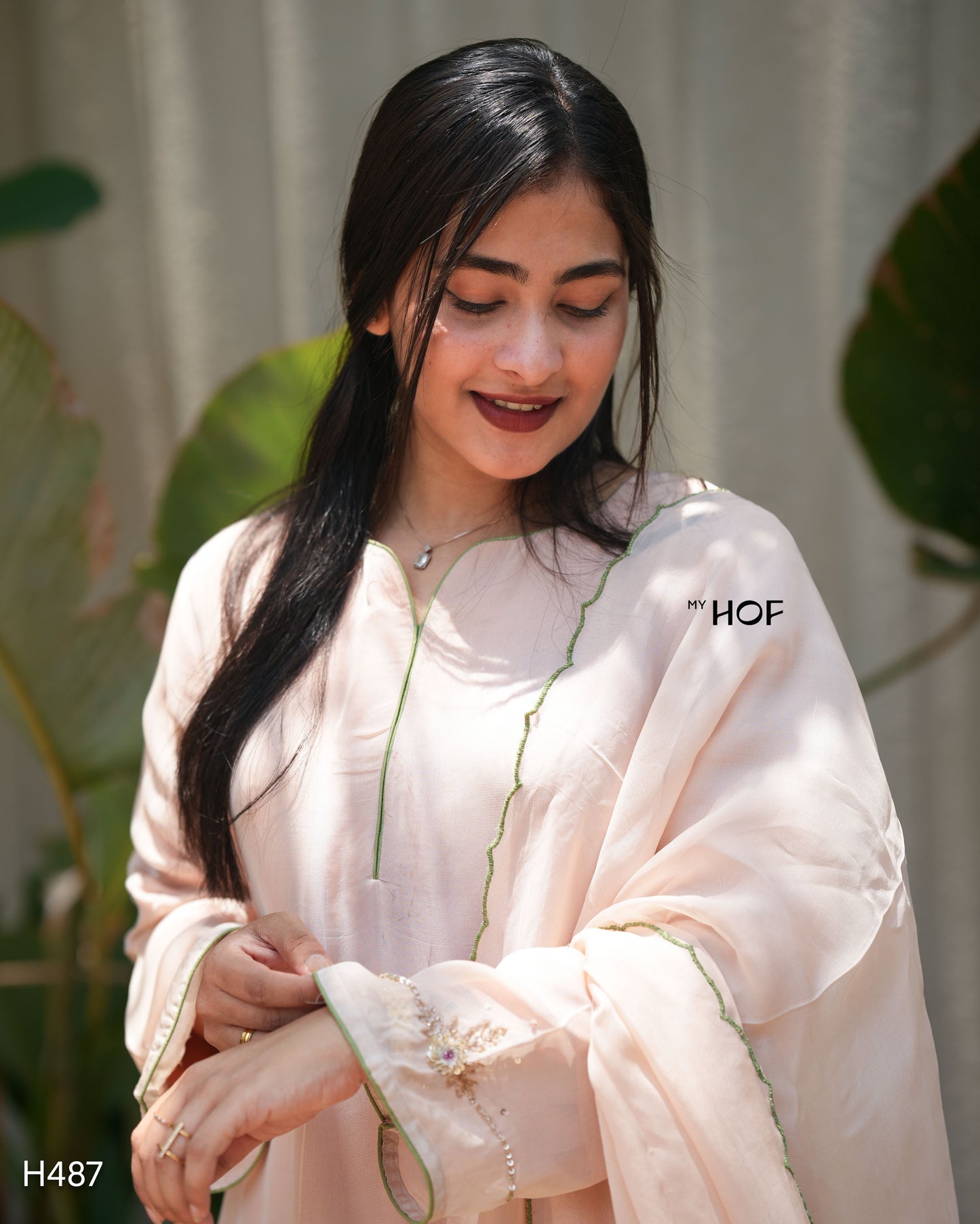 MY HOF Pale Pink Suit Set With Hand Embroidery In Organza