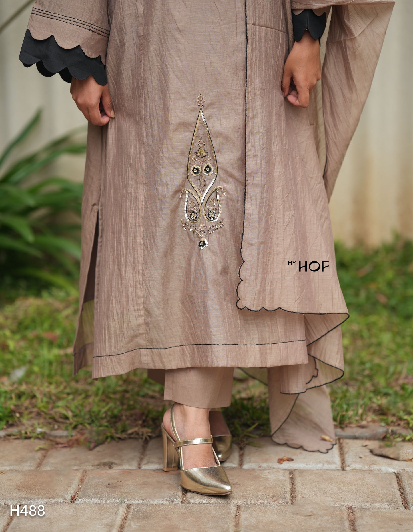 MY HOF Chikku Suit Set With Hand Embroidery In Chanderi