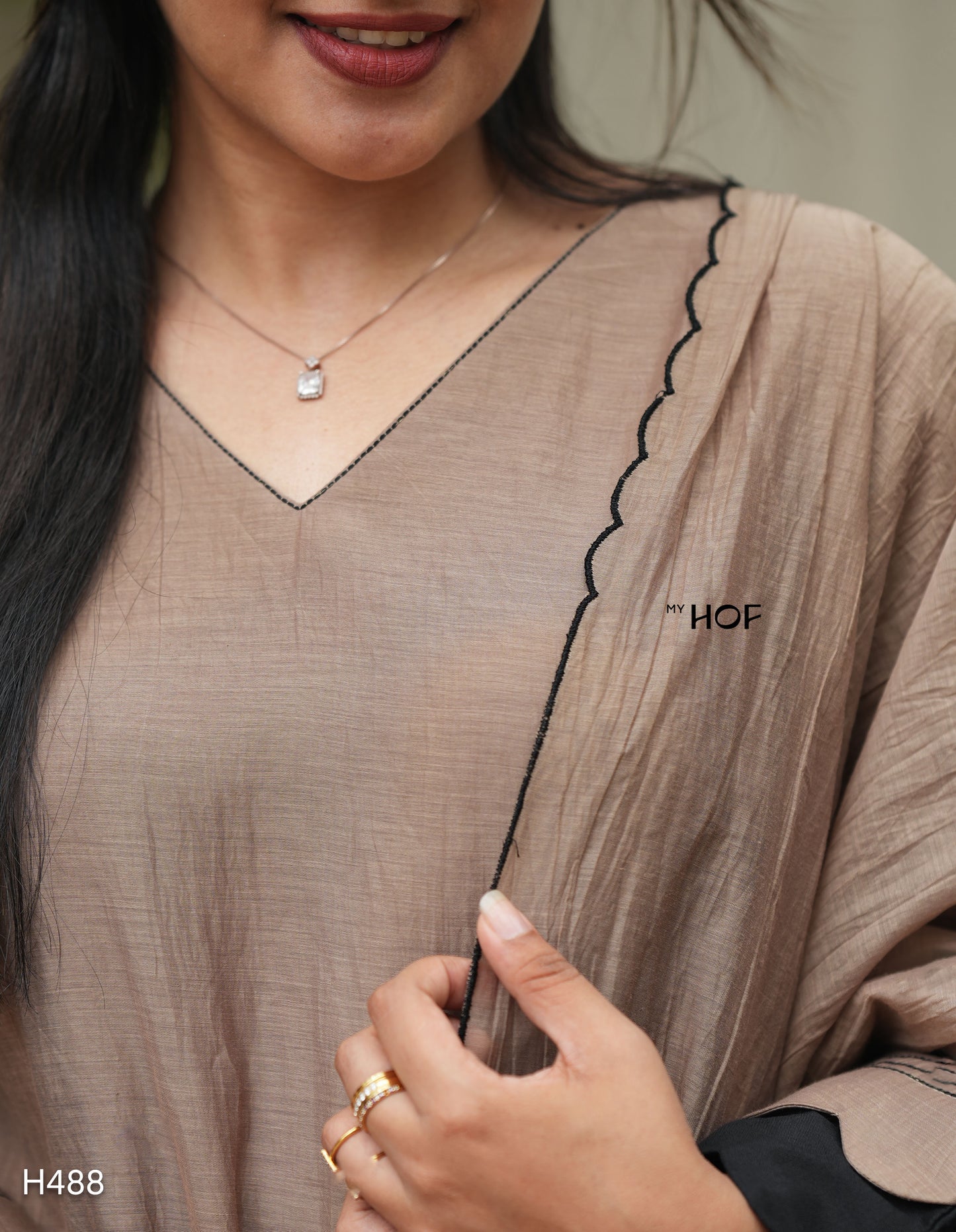 MY HOF Chikku Suit Set With Hand Embroidery In Chanderi