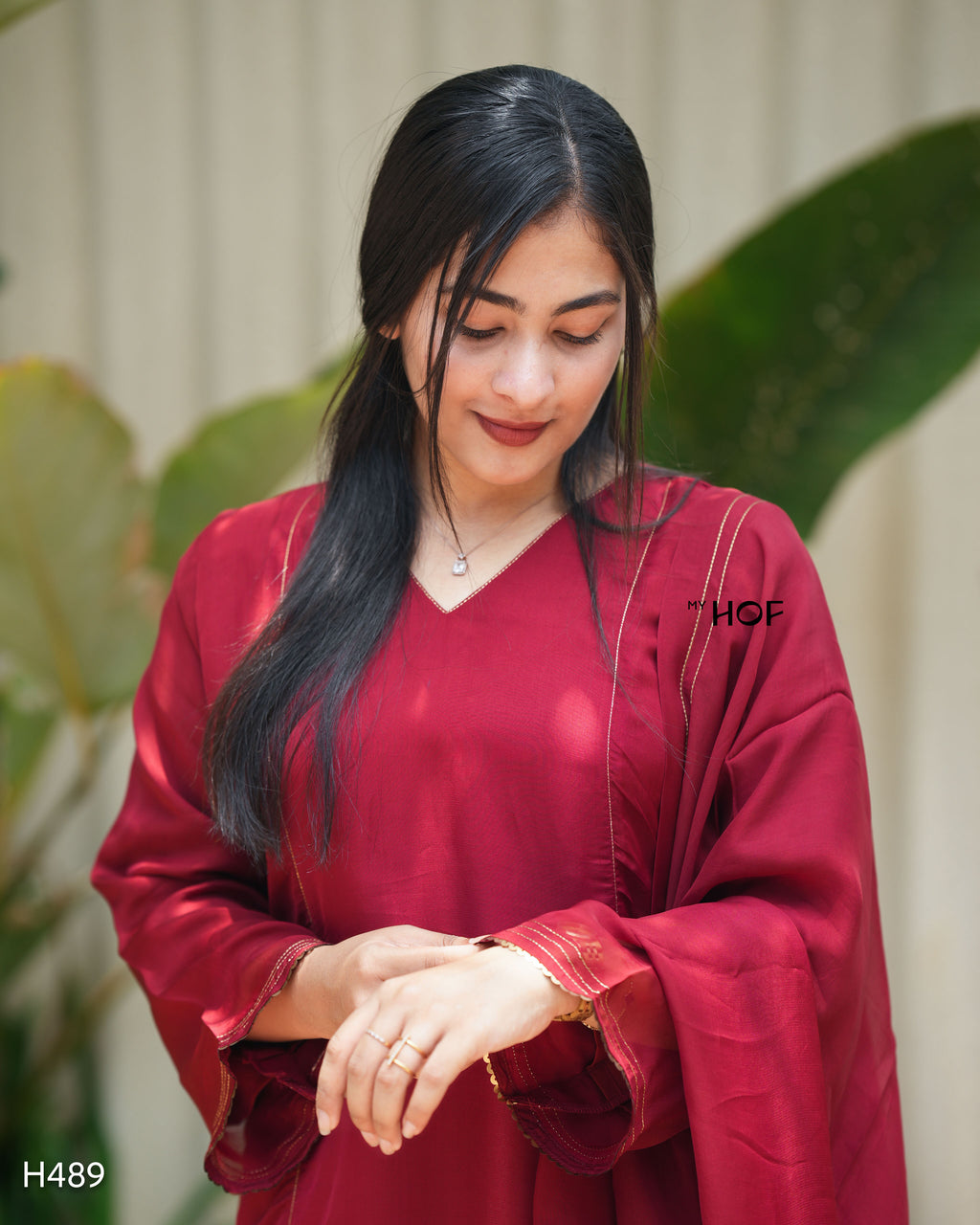 MY HOF Maroon Suit Set With Hand Embroidery In Organza