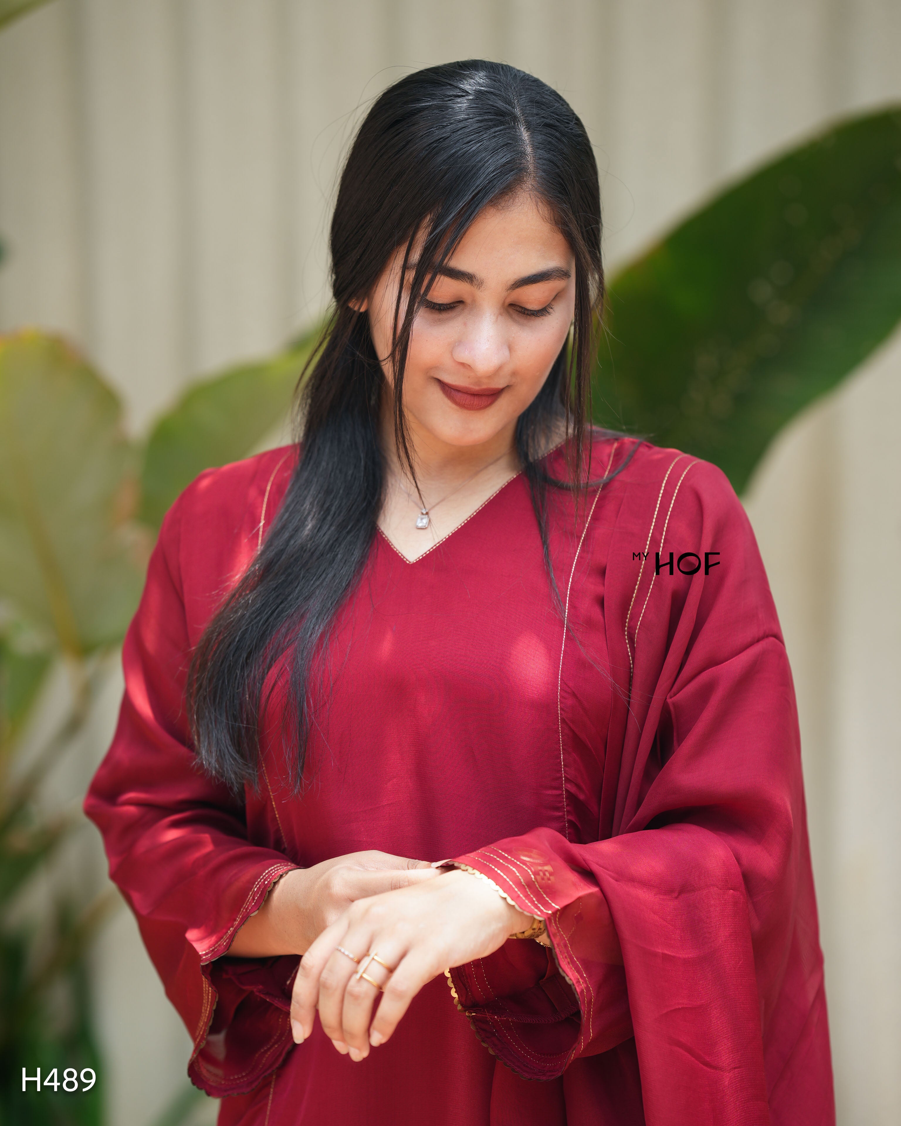 MY HOF Maroon Suit Set With Hand Embroidery In Organza