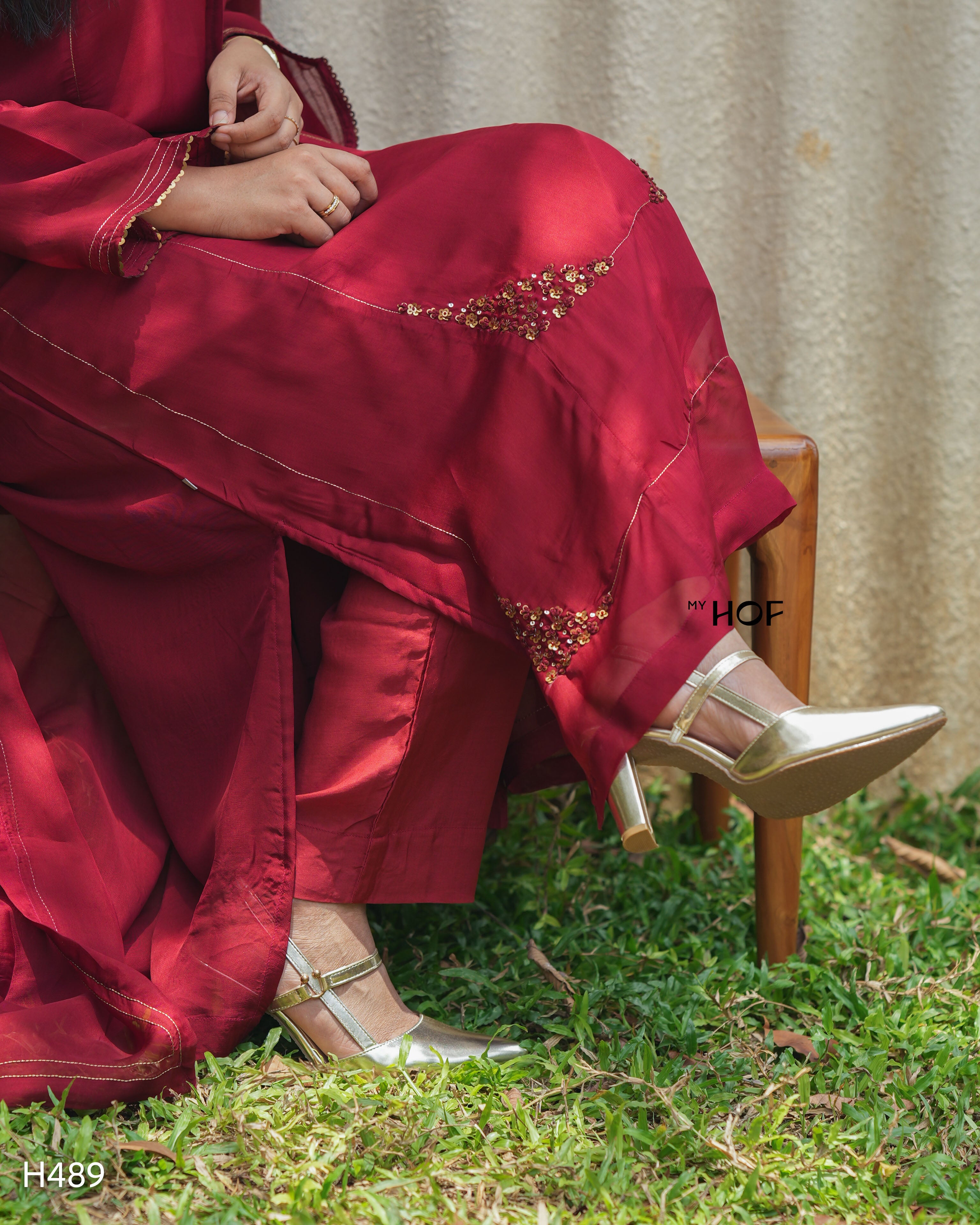 MY HOF Maroon Suit Set With Hand Embroidery In Organza