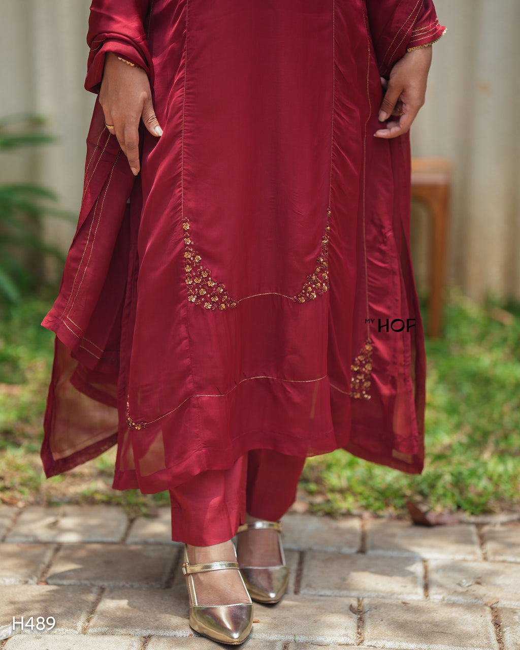 MY HOF Maroon Suit Set With Hand Embroidery In Organza