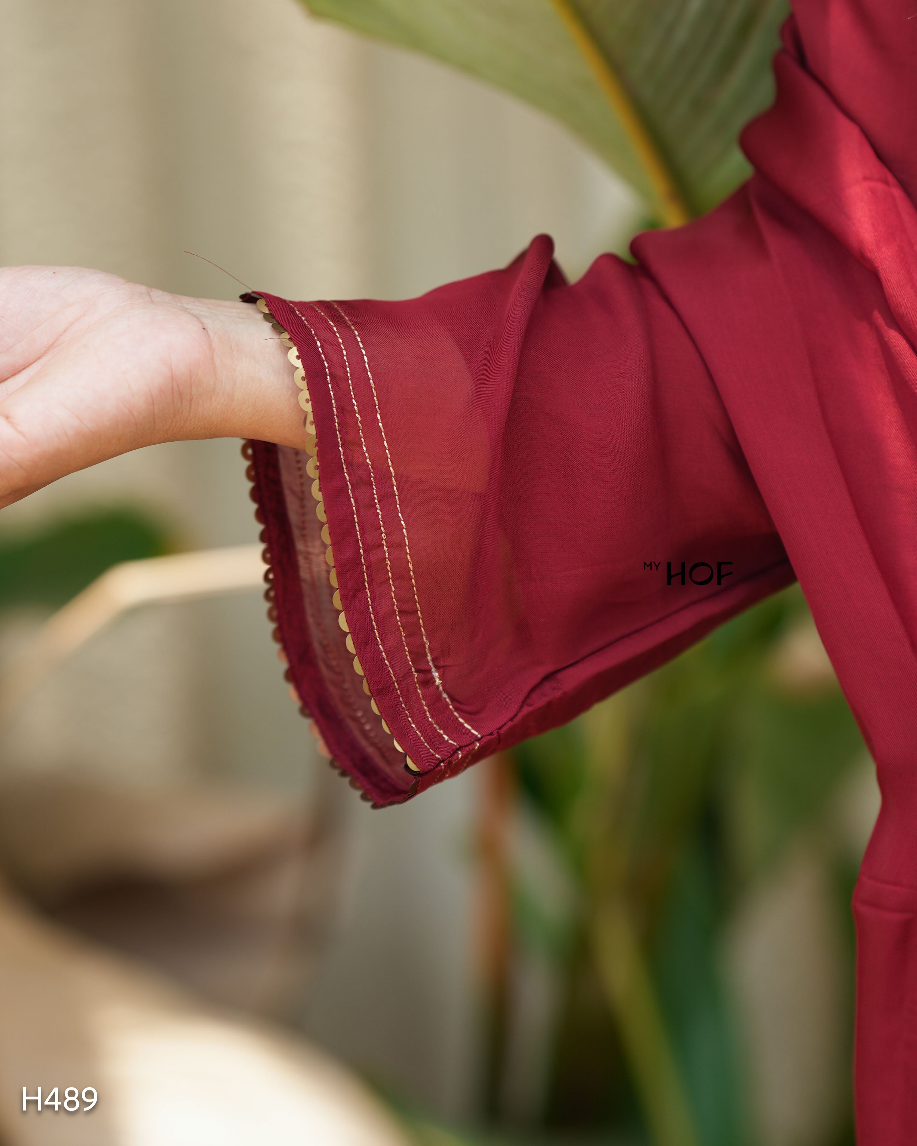 MY HOF Maroon Suit Set With Hand Embroidery In Organza