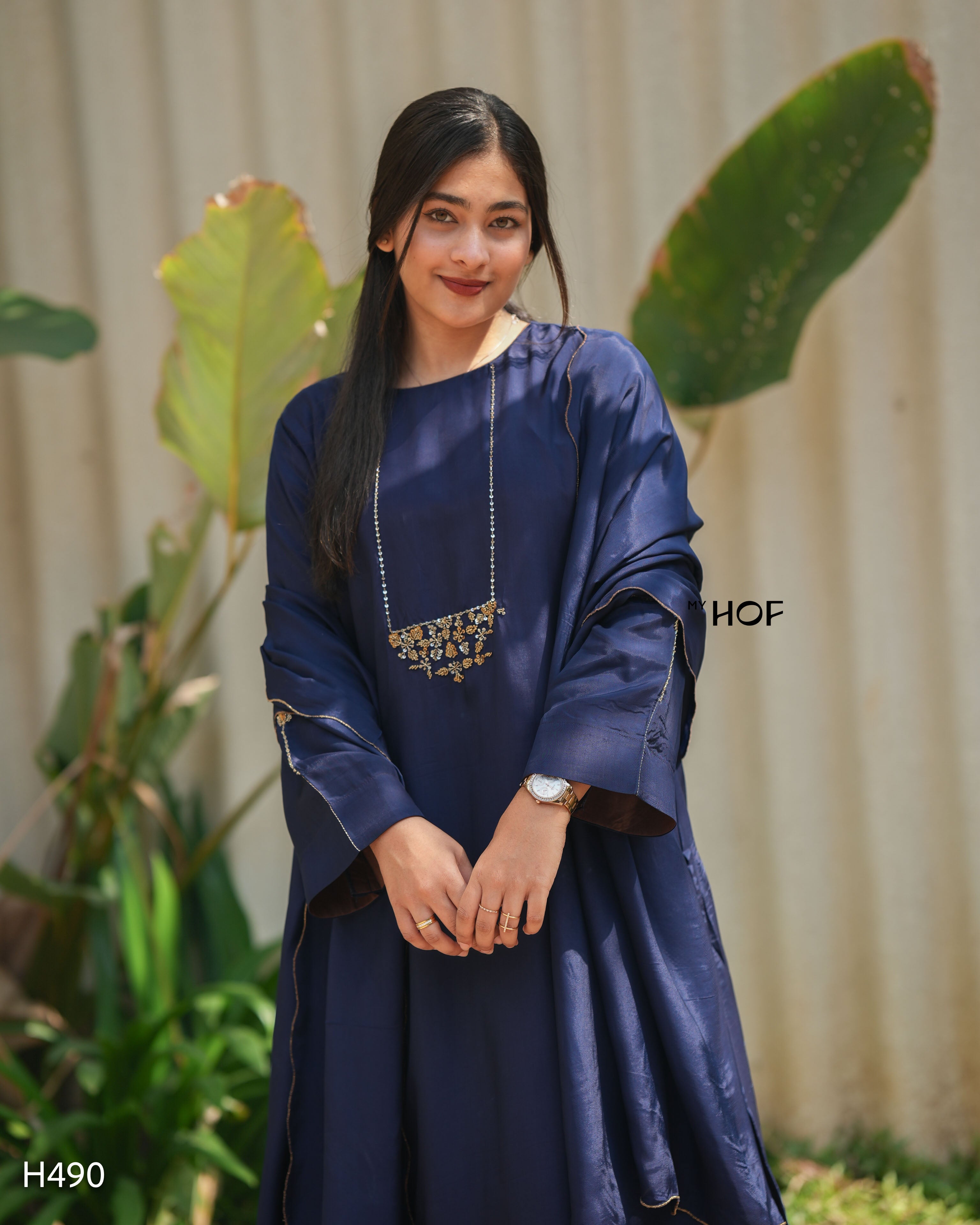 MY HOF Navy Blue Suit Set With Hand Embroidery In Crepe