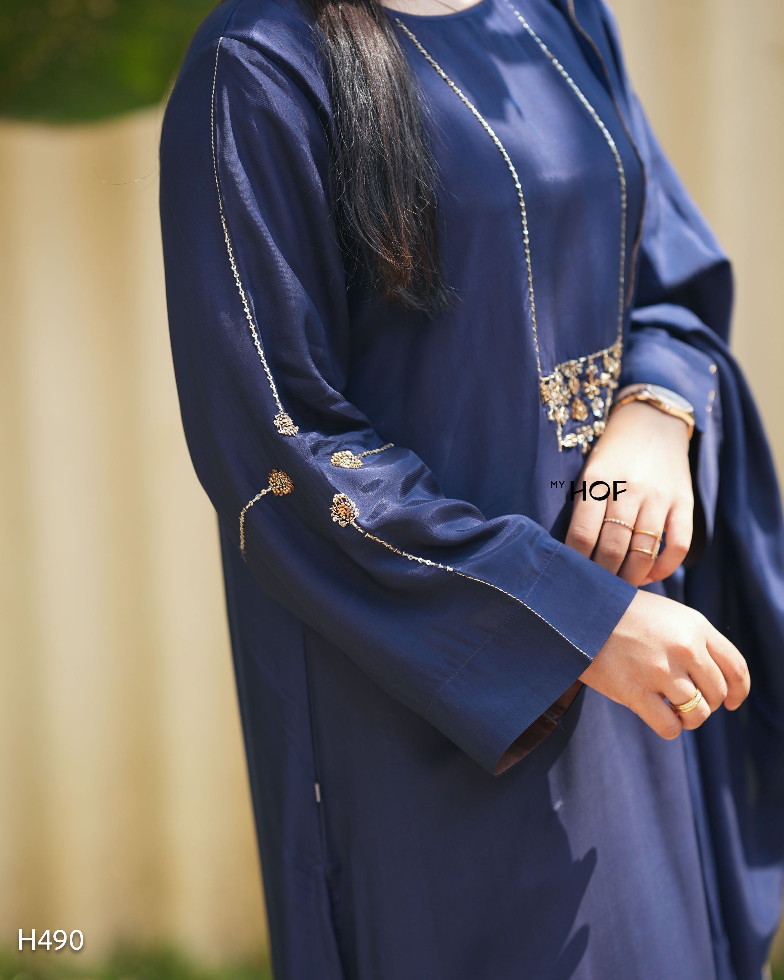 MY HOF Navy Blue Suit Set With Hand Embroidery In Crepe